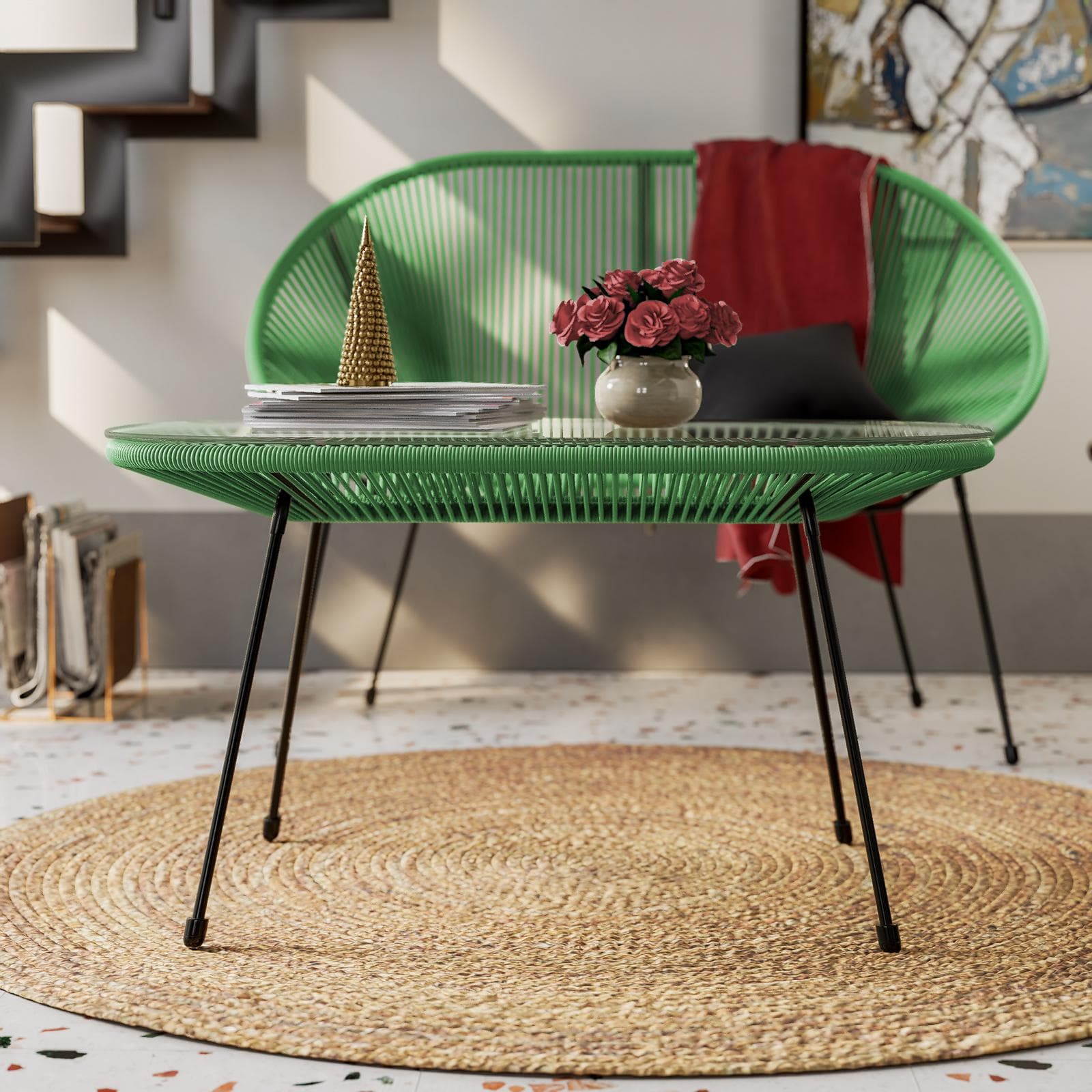 Tavolino da interno 90x50 cm in metallo nero e corda verde - Kalimba