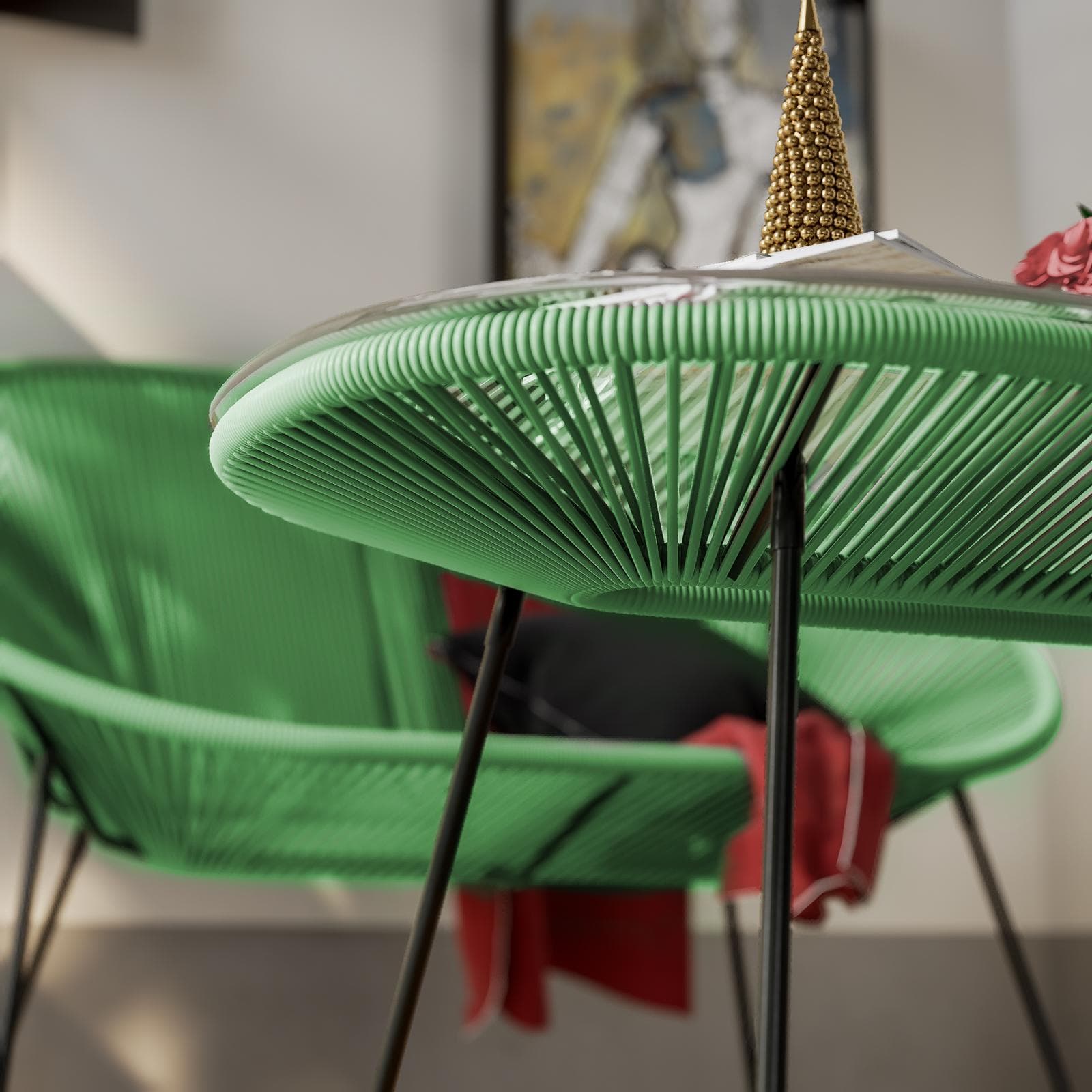 Tavolino da interno 90x50 cm in metallo nero e corda verde - Kalimba