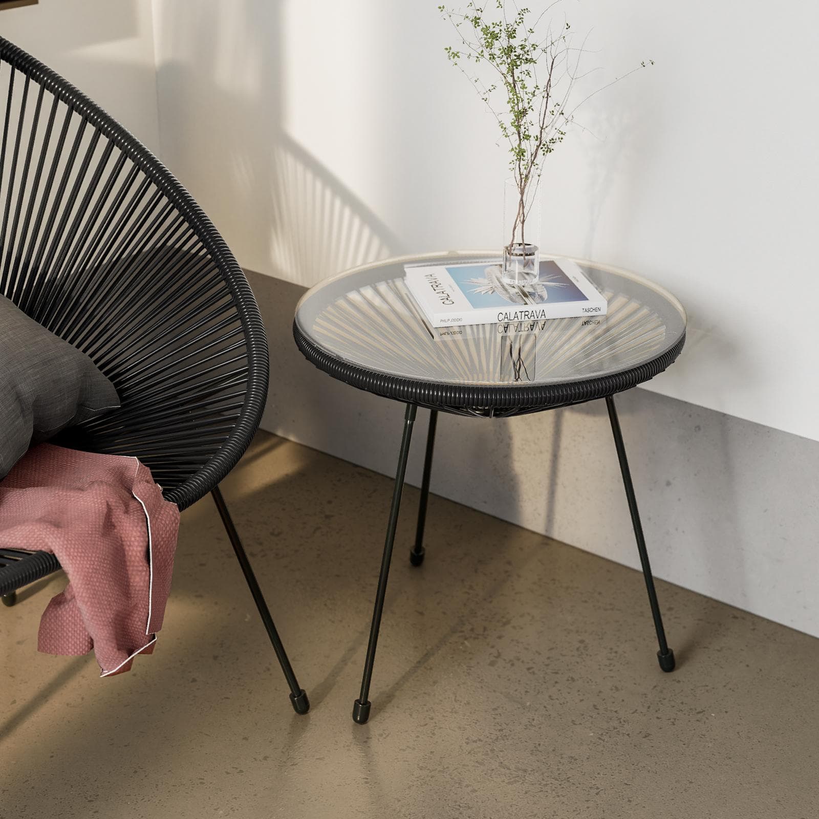 Tavolino rotondo da interno 50 cm in corda nera e top in vetro - Kalimba