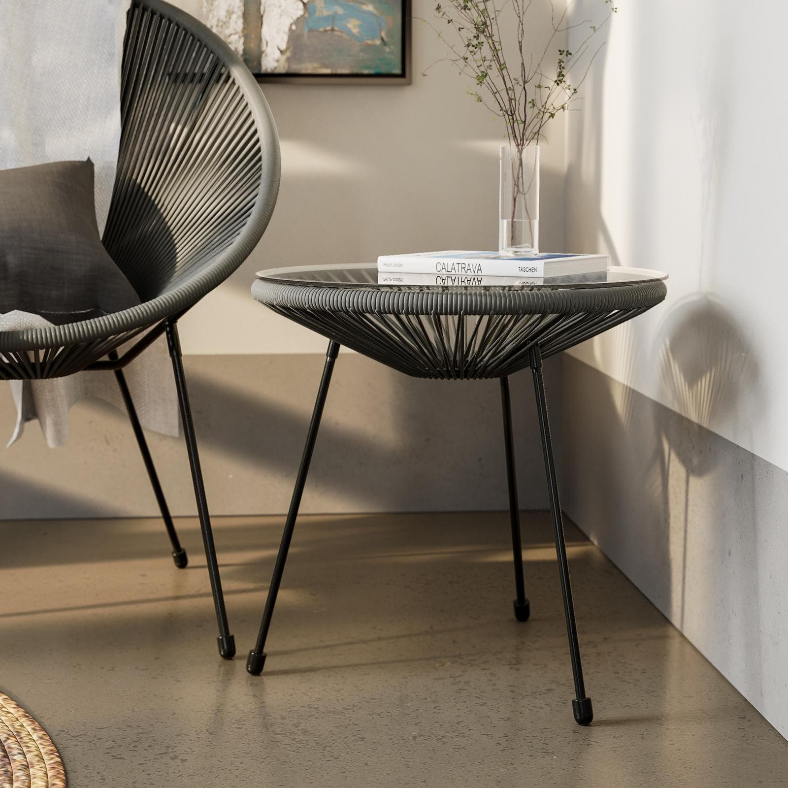 Tavolino da interno rotondo 50 cm in metallo nero e corda grigia - Kalimba
