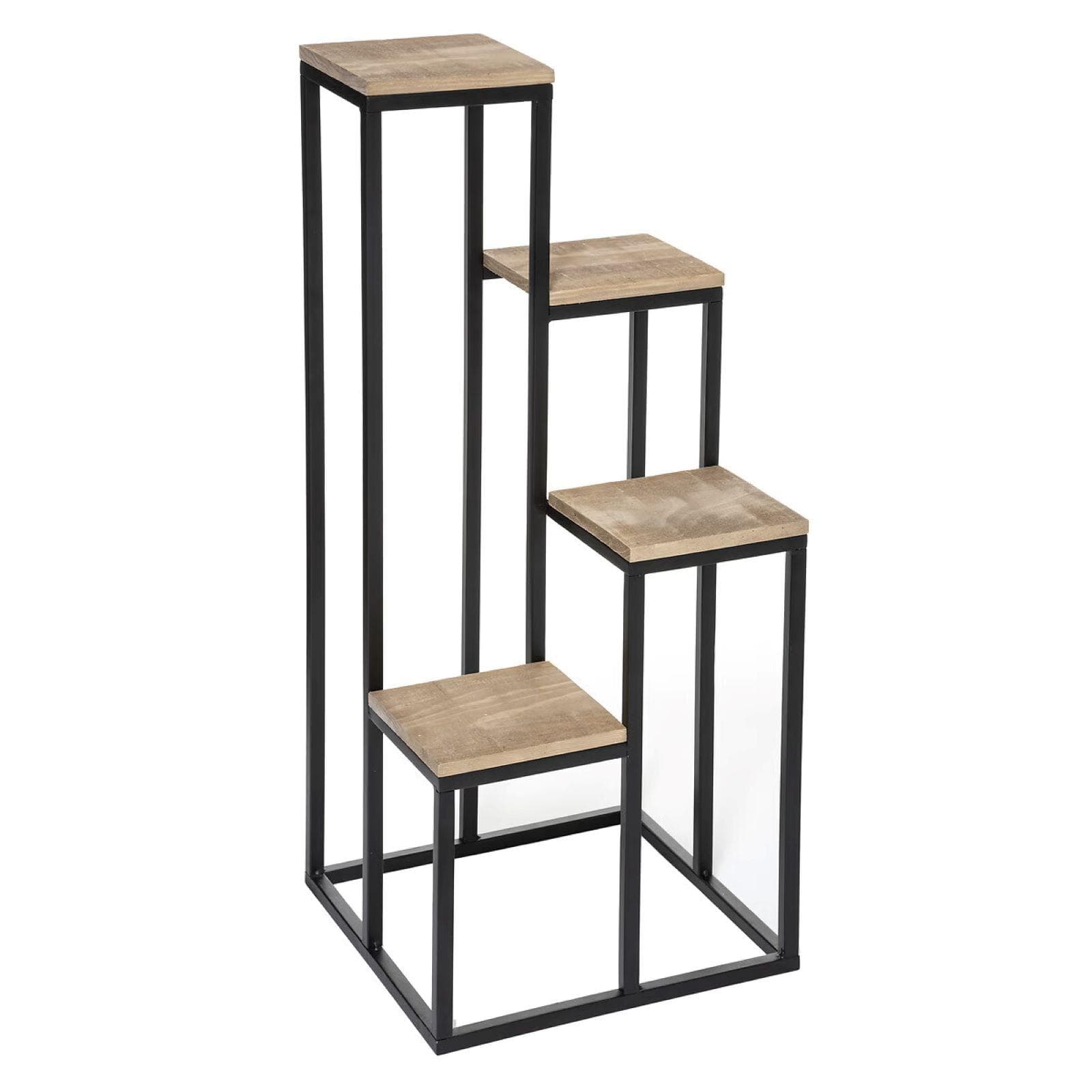 Tavolino espositore 89h cm in metallo nero con 4 ripiani in legno di pino
