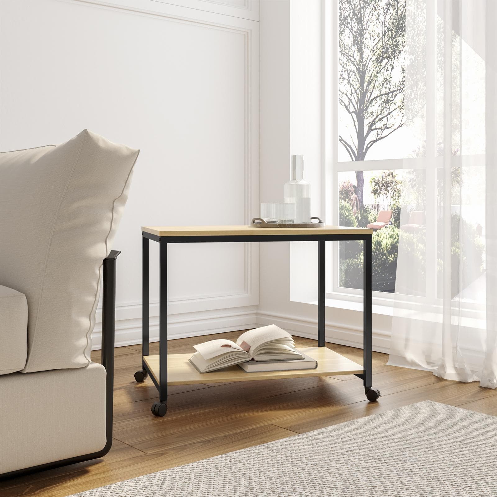 Tavolino 60x40 cm con due ripiani effetto rovere e metallo nero su ruote - Caio