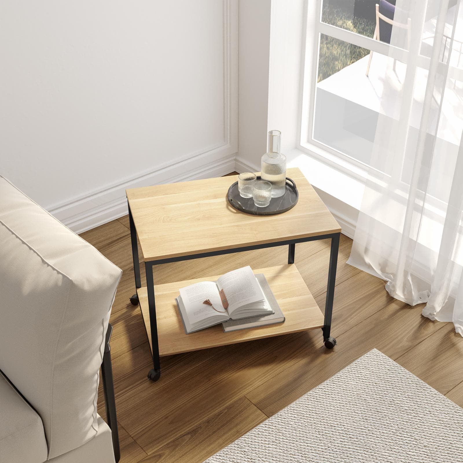 Tavolino 60x40 cm con due ripiani effetto rovere e metallo nero su ruote - Caio