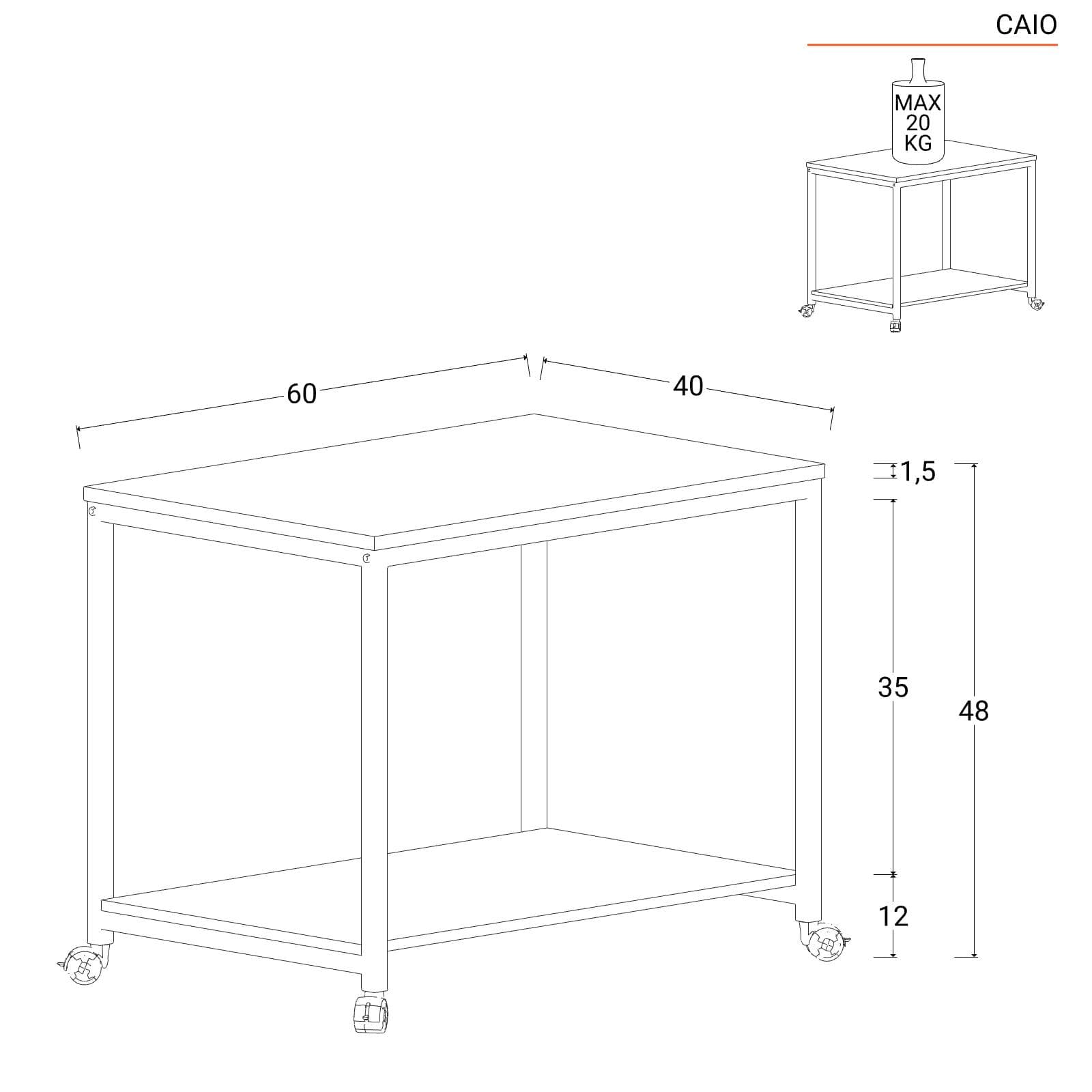 Tavolino 60x40 cm con due ripiani effetto rovere e metallo nero su ruote - Caio