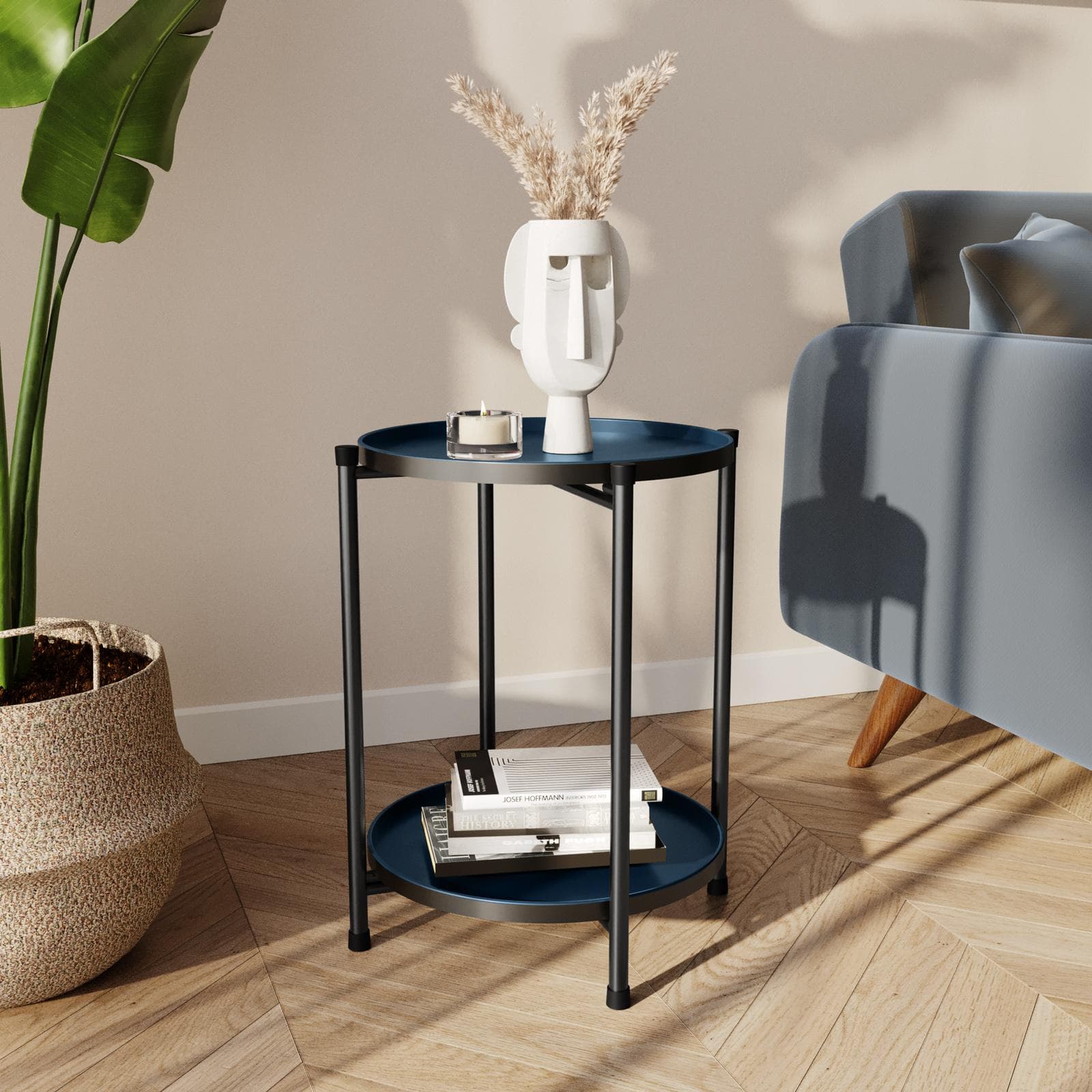 Tavolino pieghevole 37 cm con due ripiani in metallo blu notte - Kivi