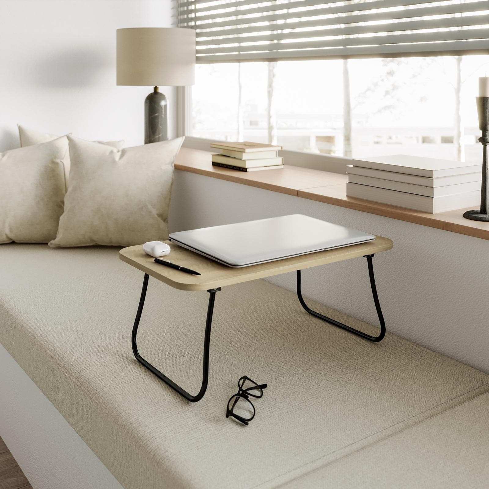 Tavolino pieghevole 53x30 cm effetto rovere moderno e acciaio nero - Tesay