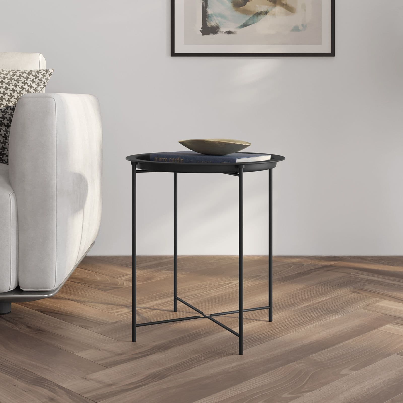 Tavolino rotondo 47 cm in metallo nero con gambe pieghevoli e piano removibile - Verella