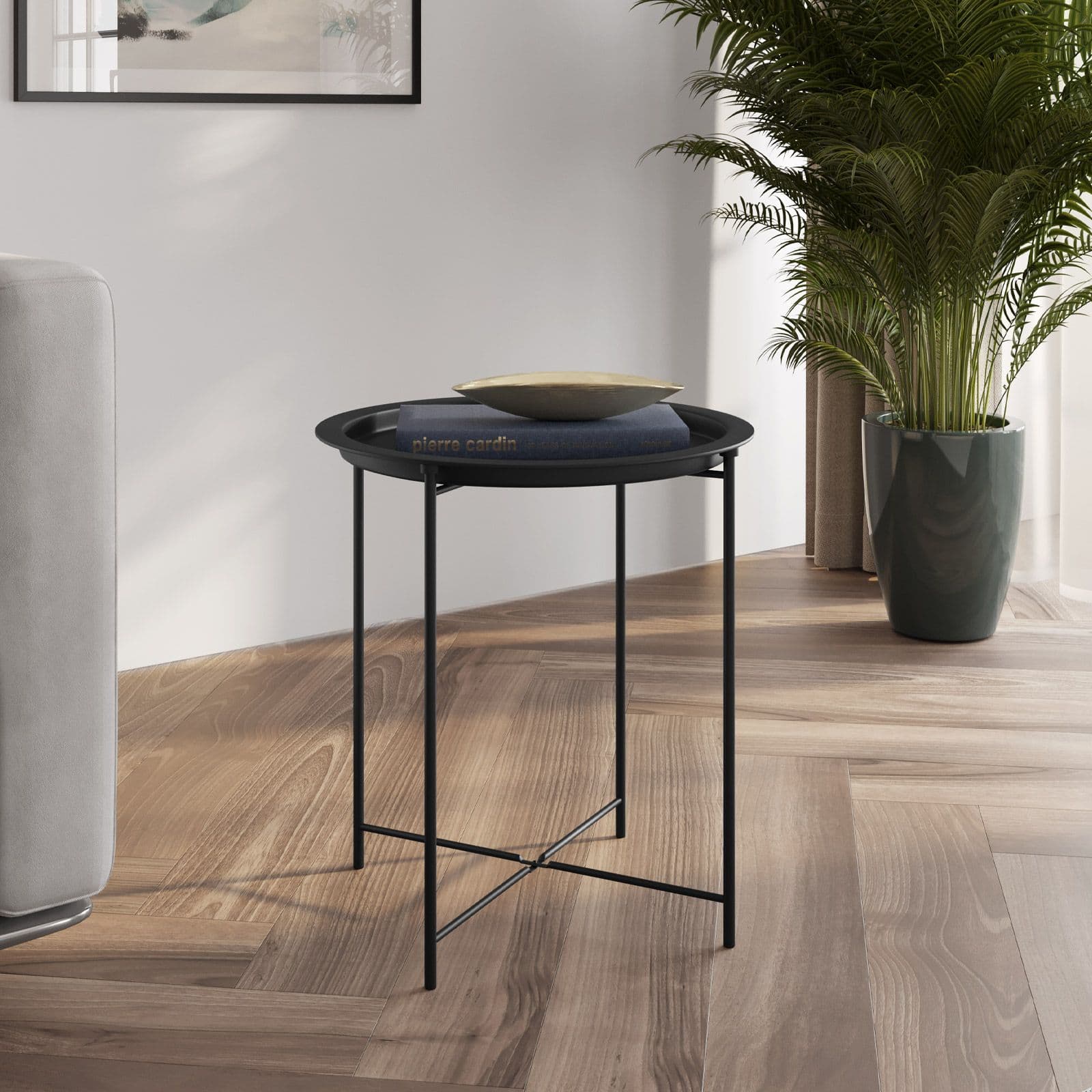 Tavolino rotondo 47 cm in metallo nero con gambe pieghevoli e piano removibile - Verella