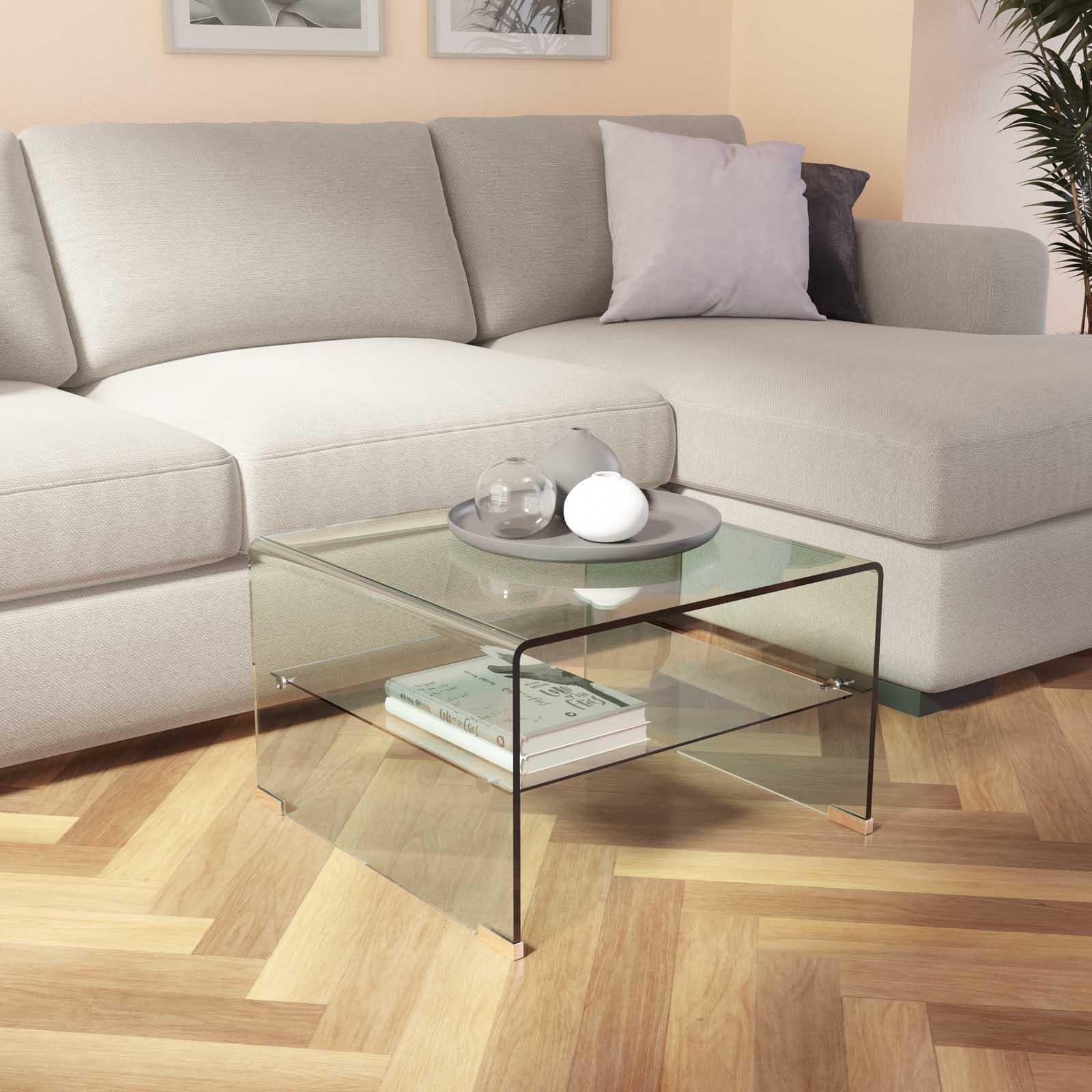 Tavolino 60x60 cm in vetro trasparente con ripiano - City