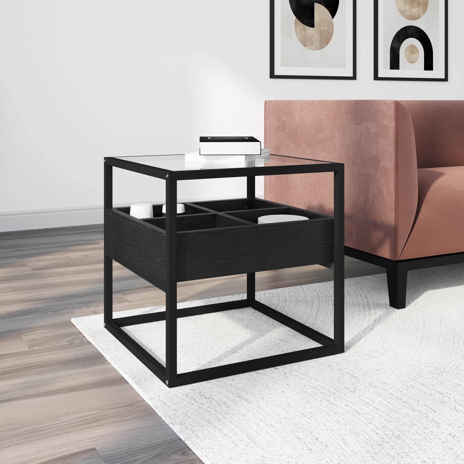Tavolino 50x50 cm in metallo con top in vetro temperato e ripiano nero - Tod