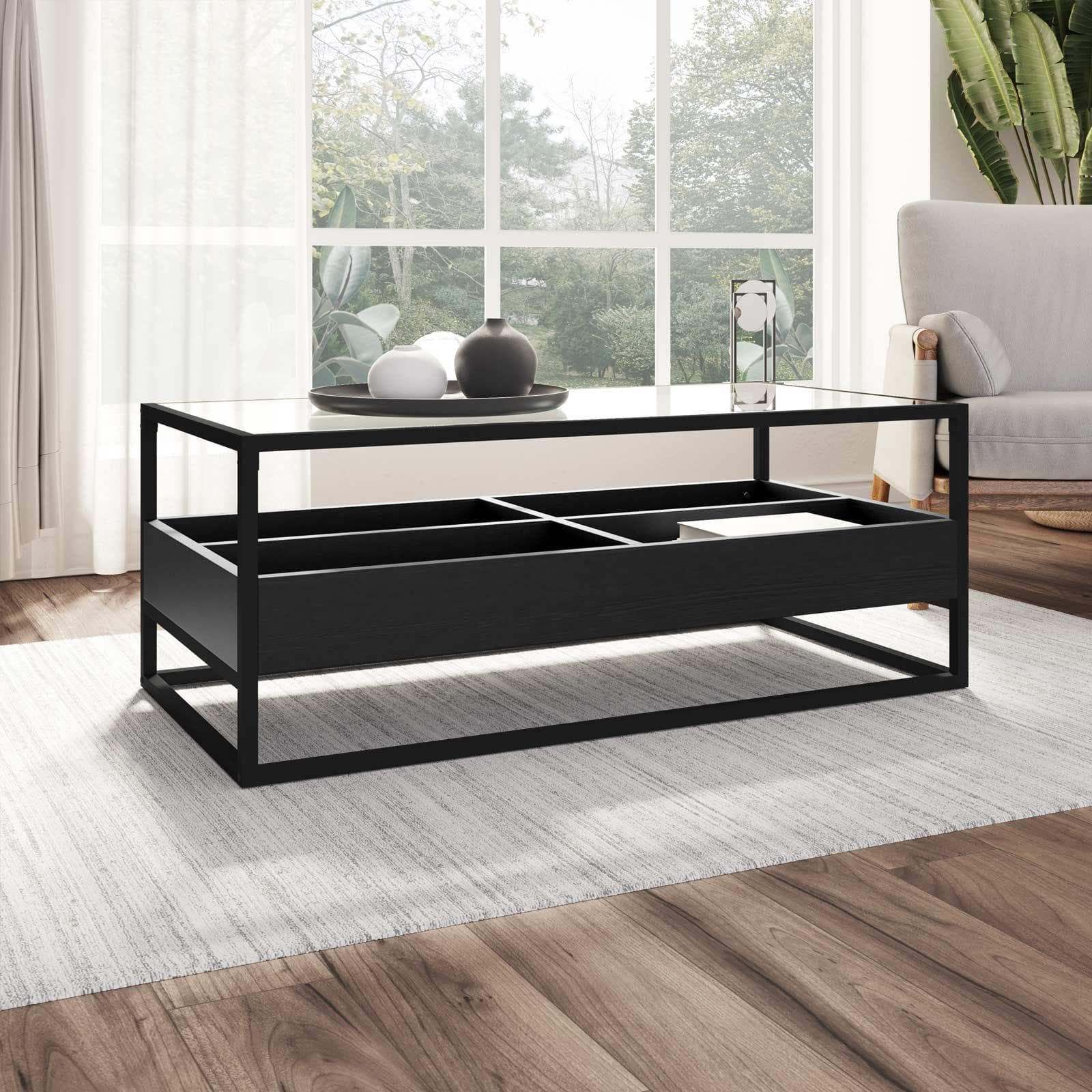 Tavolino 110x55 cm in metallo con top in vetro e ripiano nero - Tod