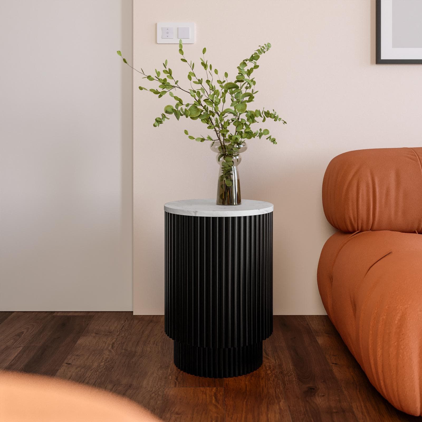 Tavolino rotondo 35 cm in legno di mango cannettato con top in marmo bianco - Malua
