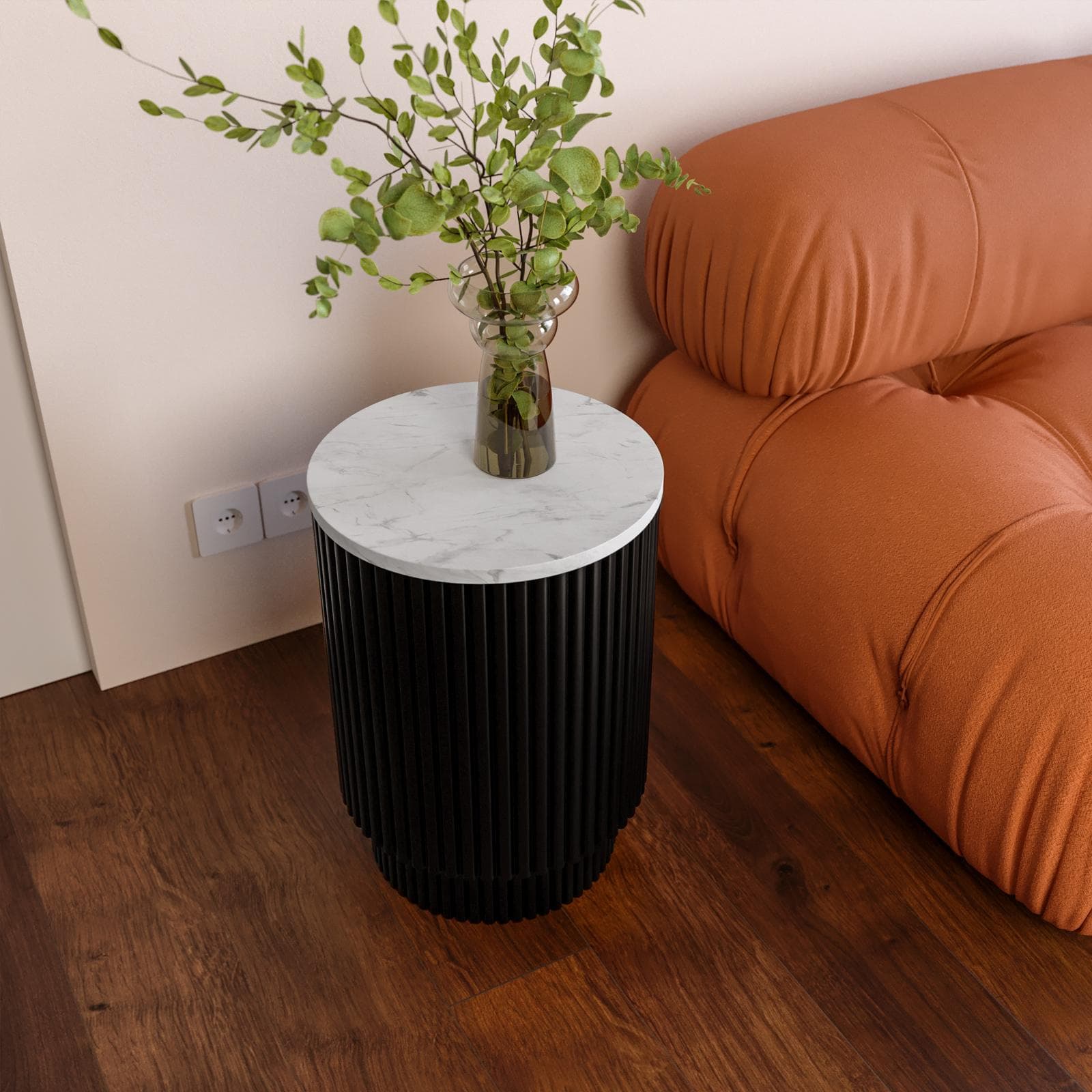 Tavolino rotondo 35 cm in legno di mango cannettato con top in marmo bianco - Malua