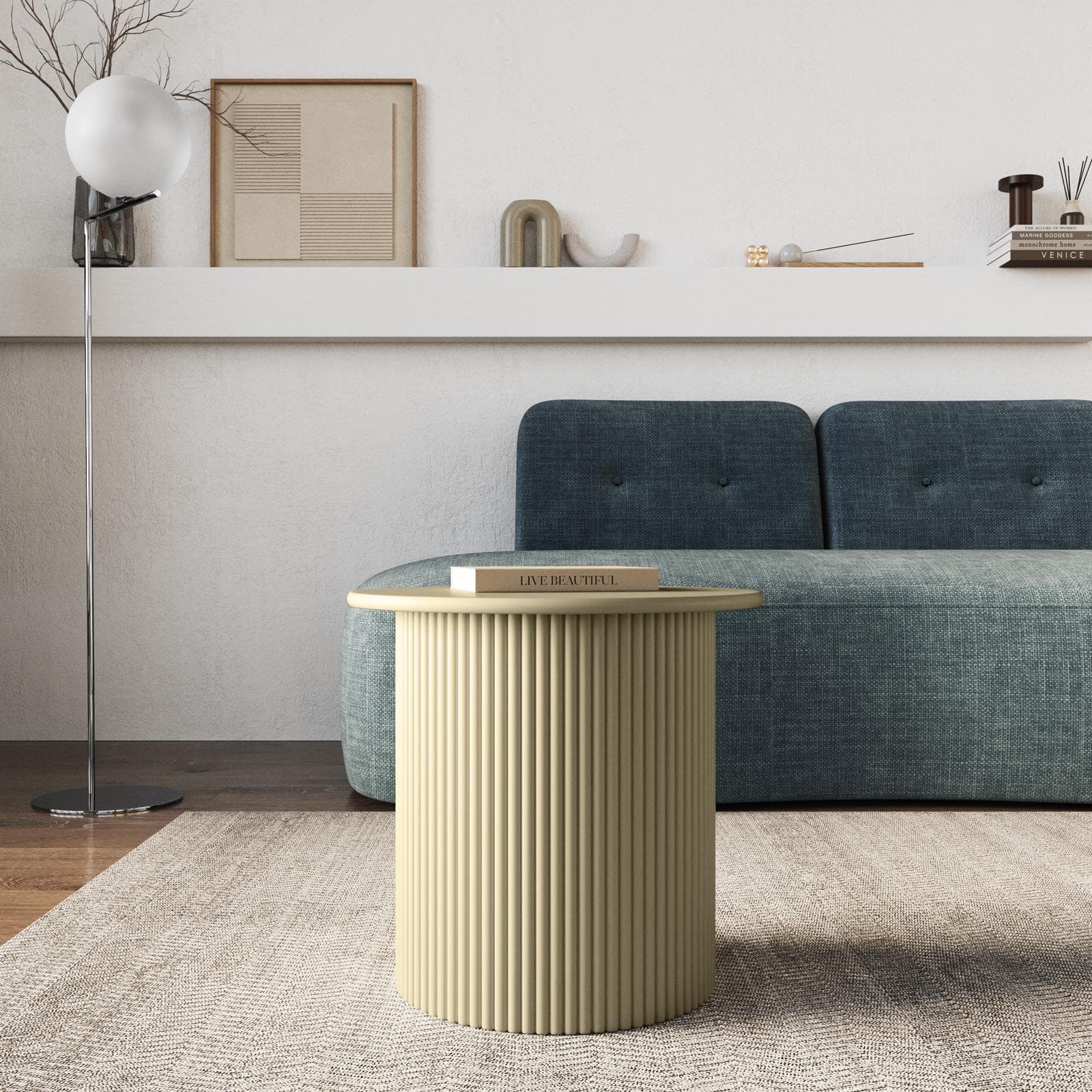 Tavolino rotondo 40 cm in legno cannettato beige - Doncaster