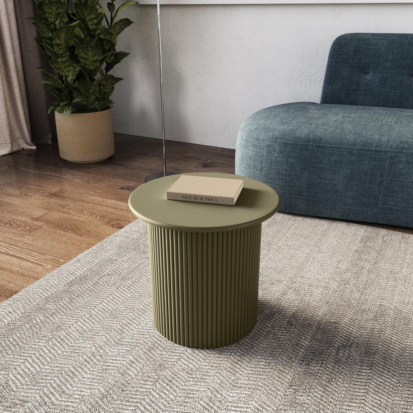 Tavolino rotondo 40 cm in legno cannettato verde oliva - Doncaster