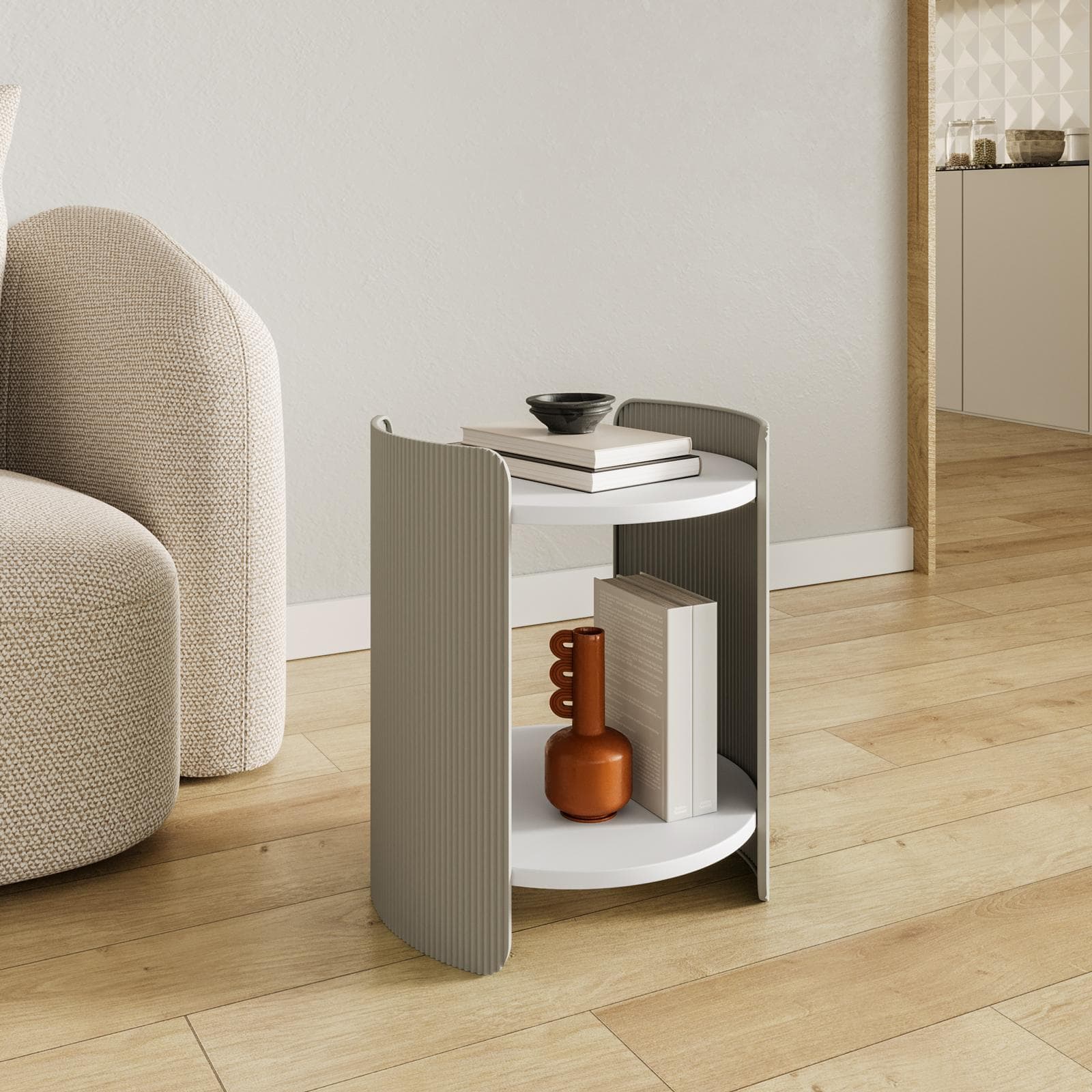 Tavolino rotondo 40 cm in metallo grigio opaco con top bianco e ripiano - Talika