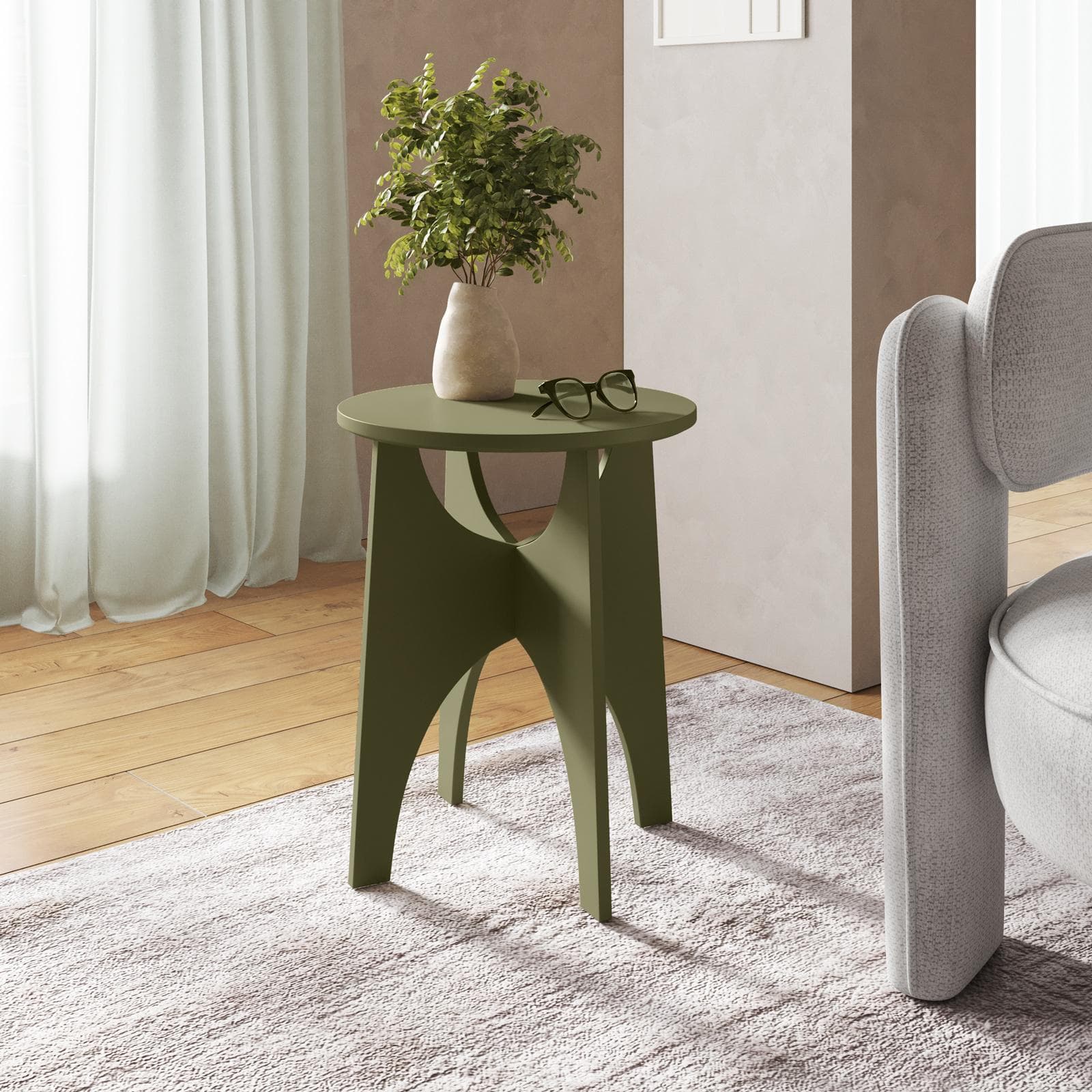 Tavolino rotondo 40 cm verde oliva con design curvo - Toby