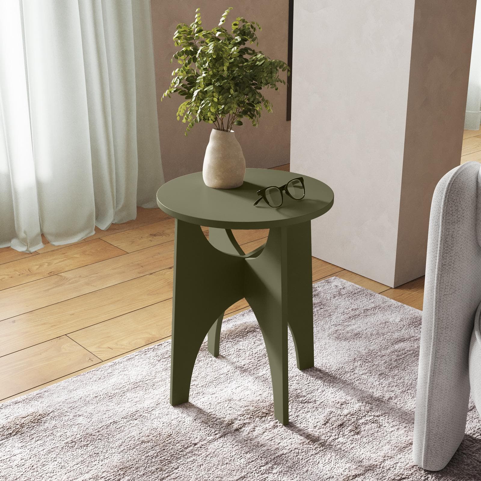Tavolino rotondo 40 cm verde oliva con design curvo - Toby