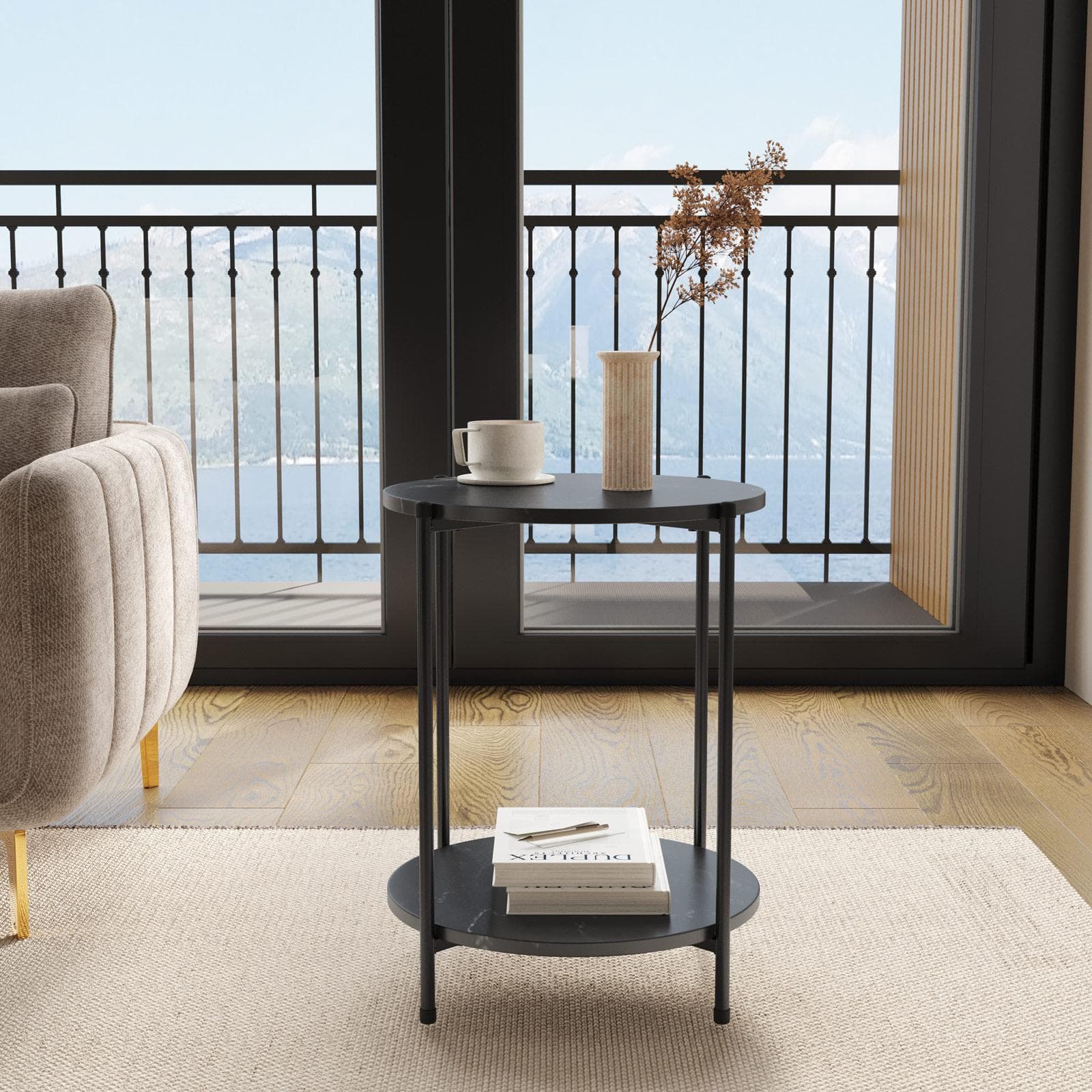 Tavolino rotondo 43 cm con 2 ripiani effetto marmo nero e gambe in acciaio - Broderick