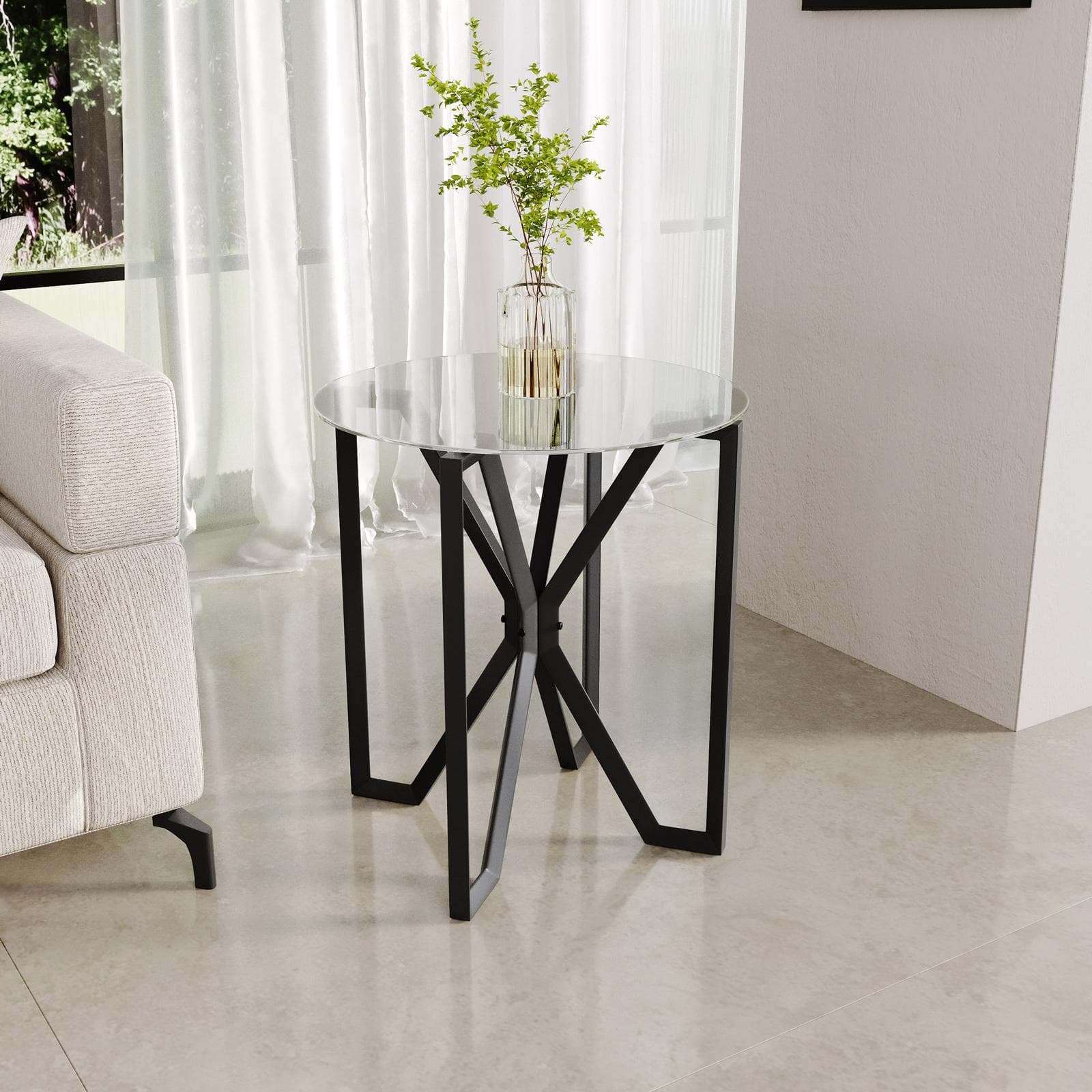 Tavolino rotondo 50x55h cm in vetro temperato 5 mm con gambe in acciaio nero - Jacob