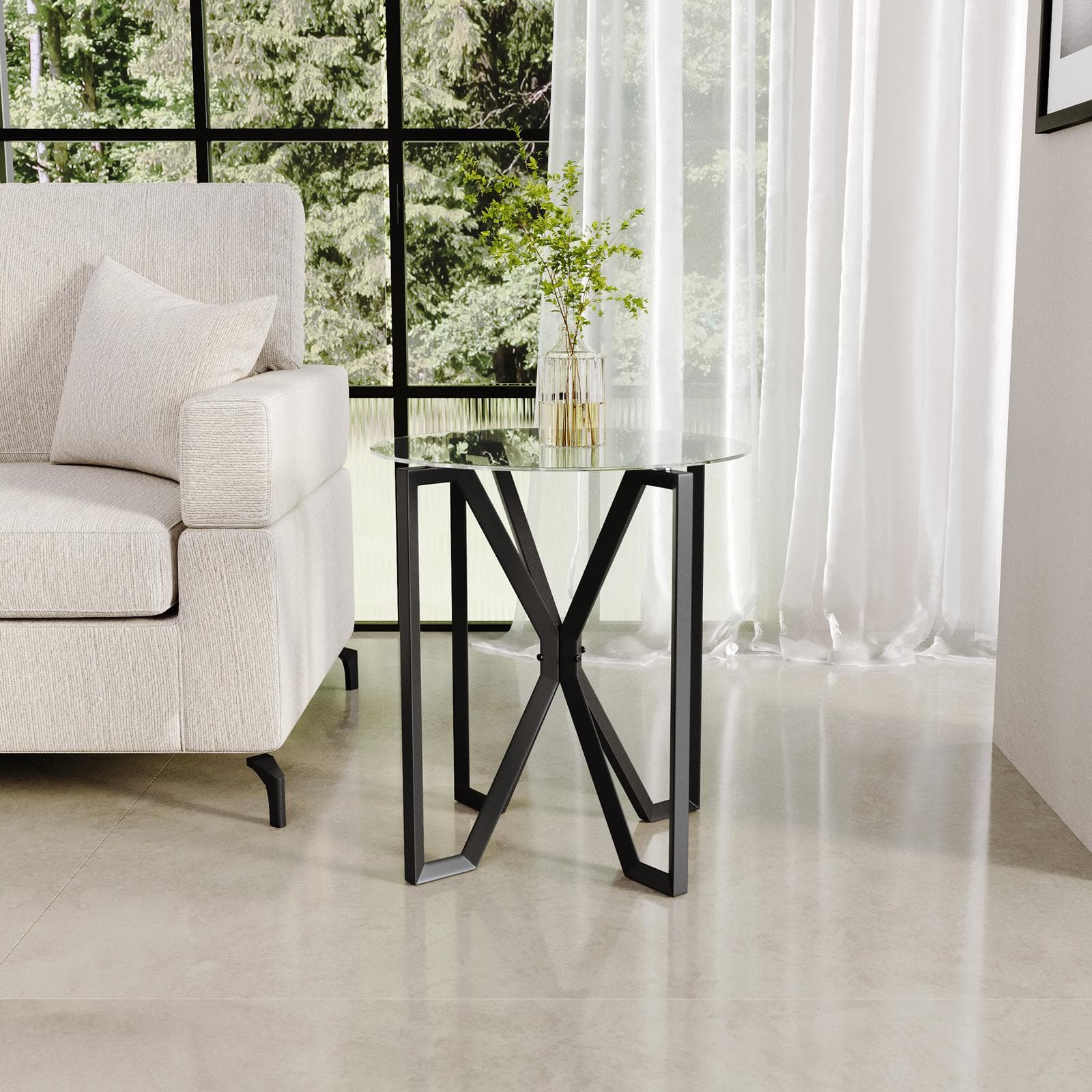 Tavolino rotondo 50x55h cm in vetro temperato 5 mm con gambe in acciaio nero - Jacob