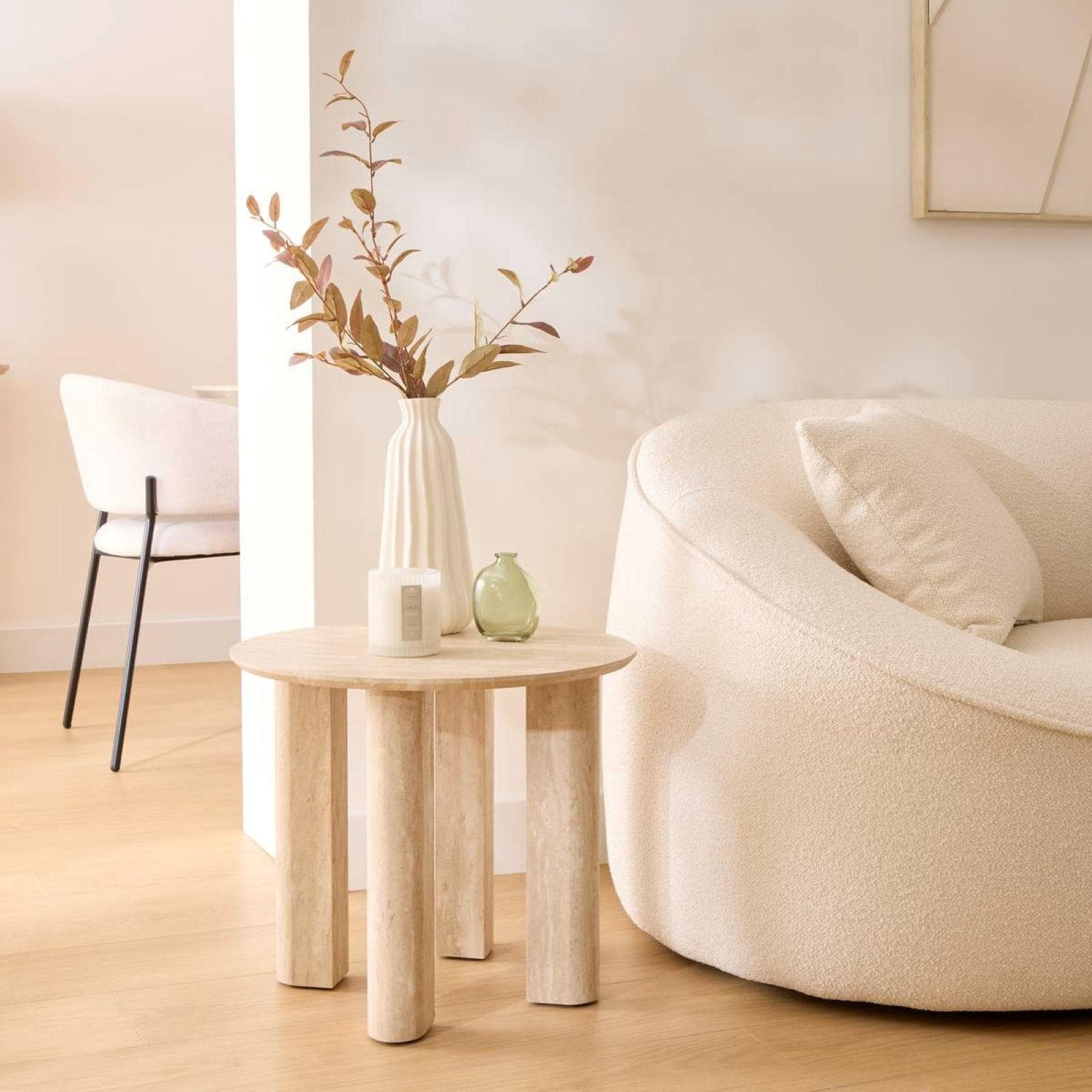 Tavolino rotondo 51 cm in legno effetto travertino beige - Thayla