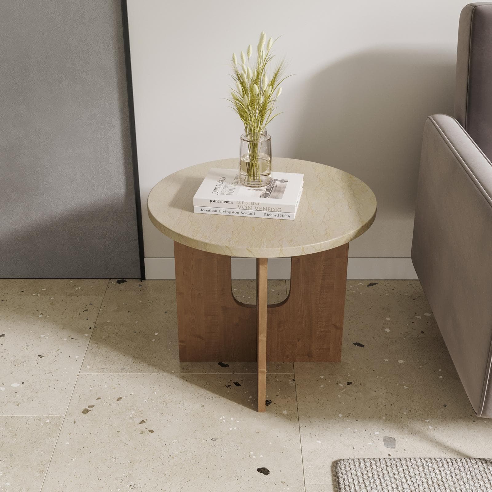 Tavolino rotondo 59 cm in legno naturale e top in marmo sabbia - Frons
