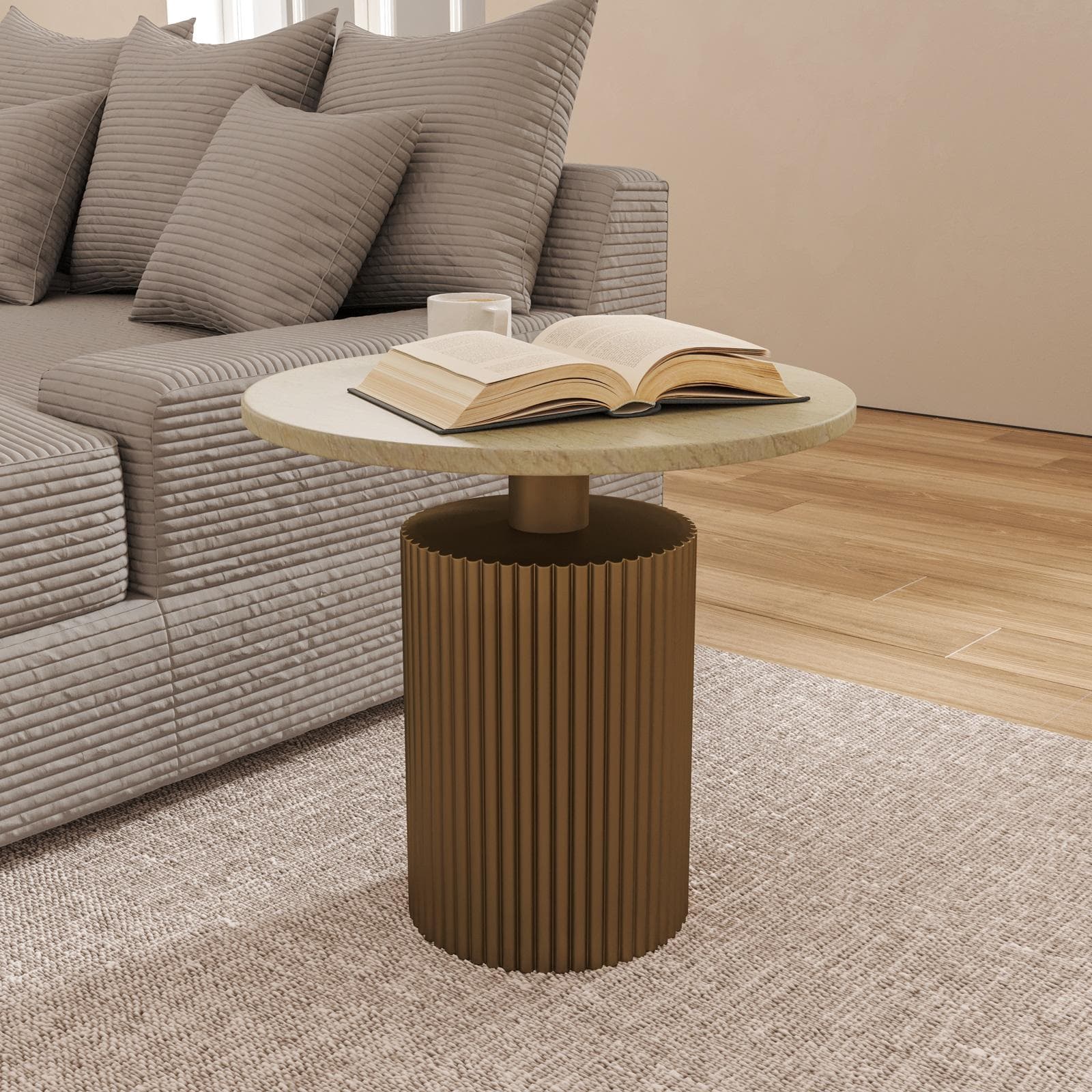 Tavolino rotondo 60 cm in legno cannettato e top in marmo bronzo - Taslac