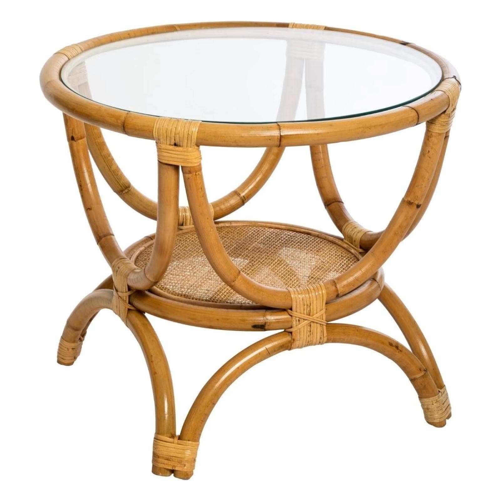 Tavolino rotondo 60 cm in legno rattan e piano in vetro temperato - Zena