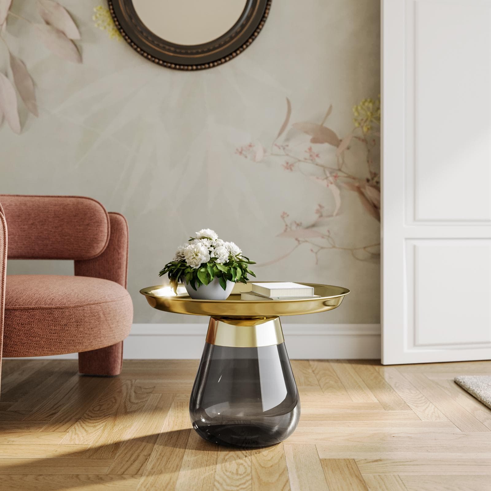 Tavolino rotondo 60 cm top in acciaio oro e base in vetro fumè - Yadid