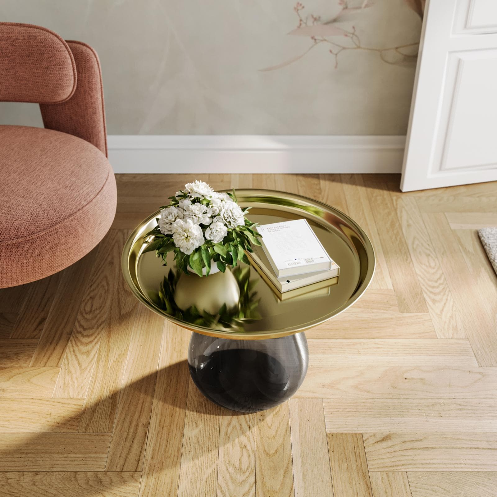Tavolino rotondo 60 cm top in acciaio oro e base in vetro fumè - Yadid