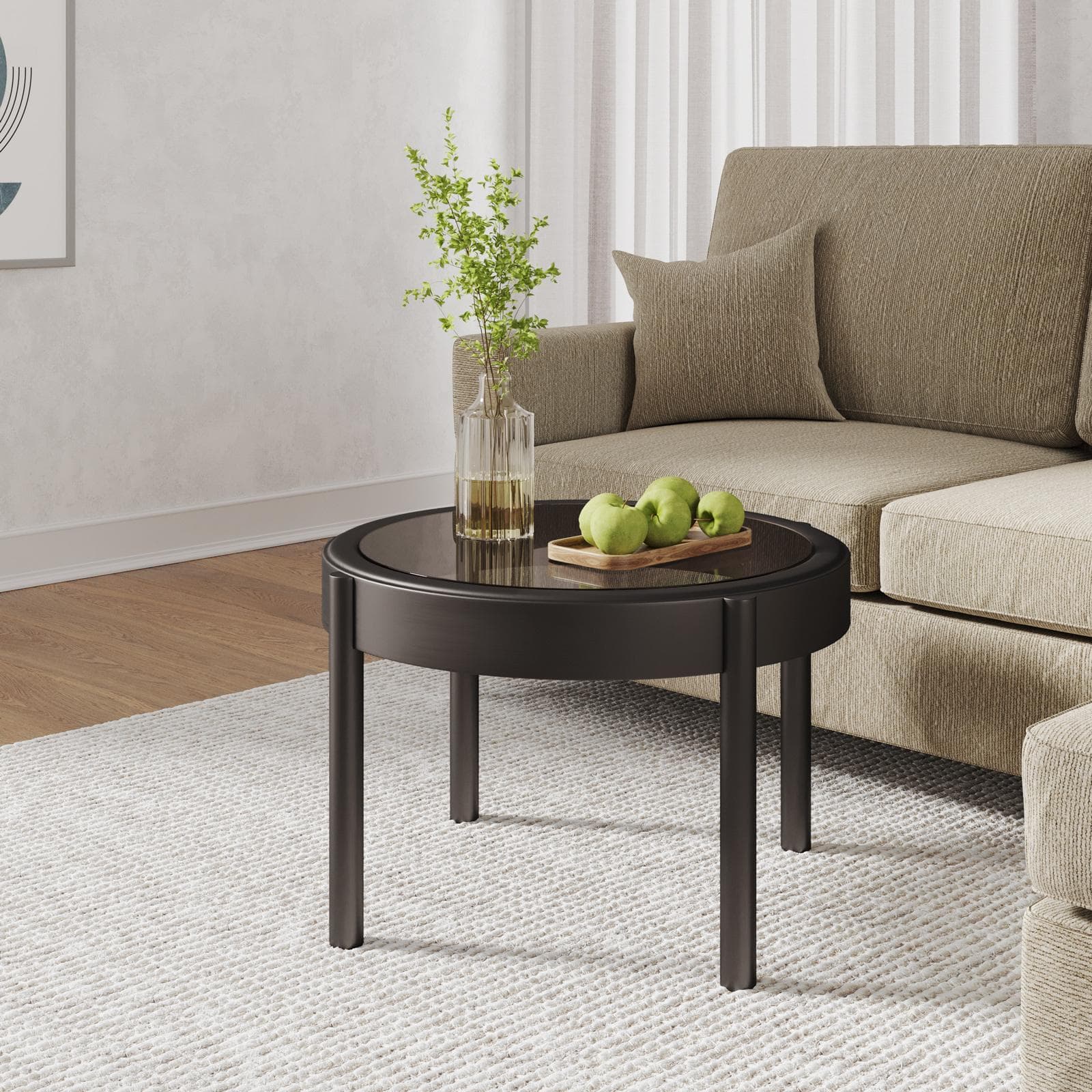 Tavolino rotondo 64 cm in metallo nero e top in vetro fumè - Koil