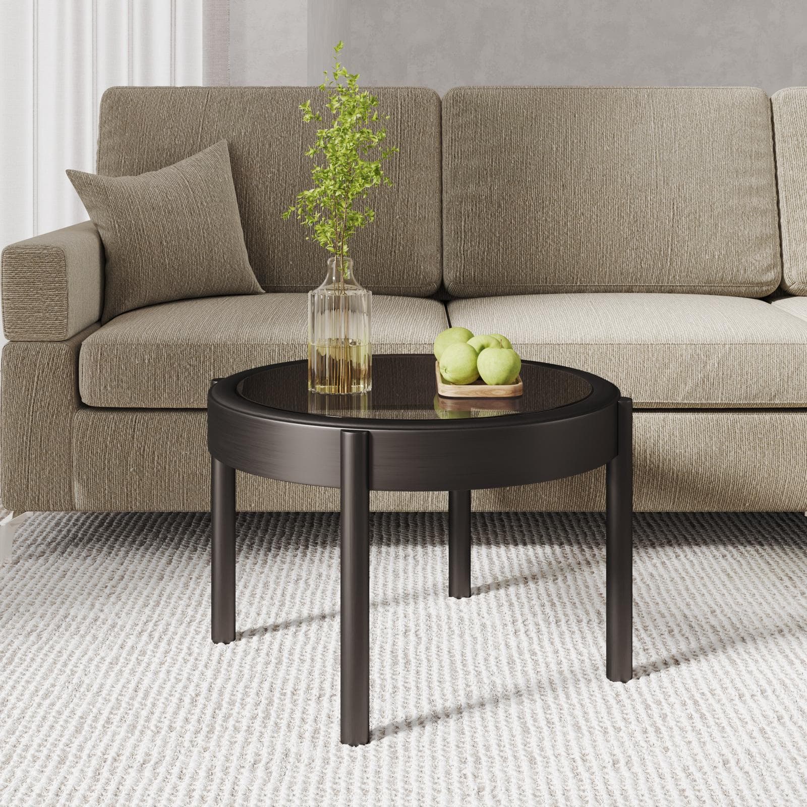 Tavolino rotondo 64 cm in metallo nero e top in vetro fumè - Koil