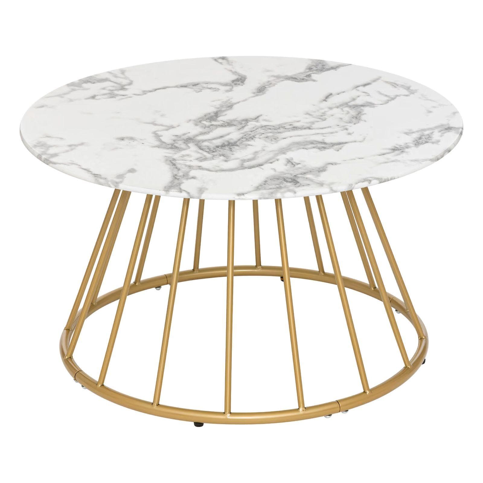 Tavolino rotondo 70 cm con top in vetro temperato effetto marmo bianco e struttura oro - Vallecas