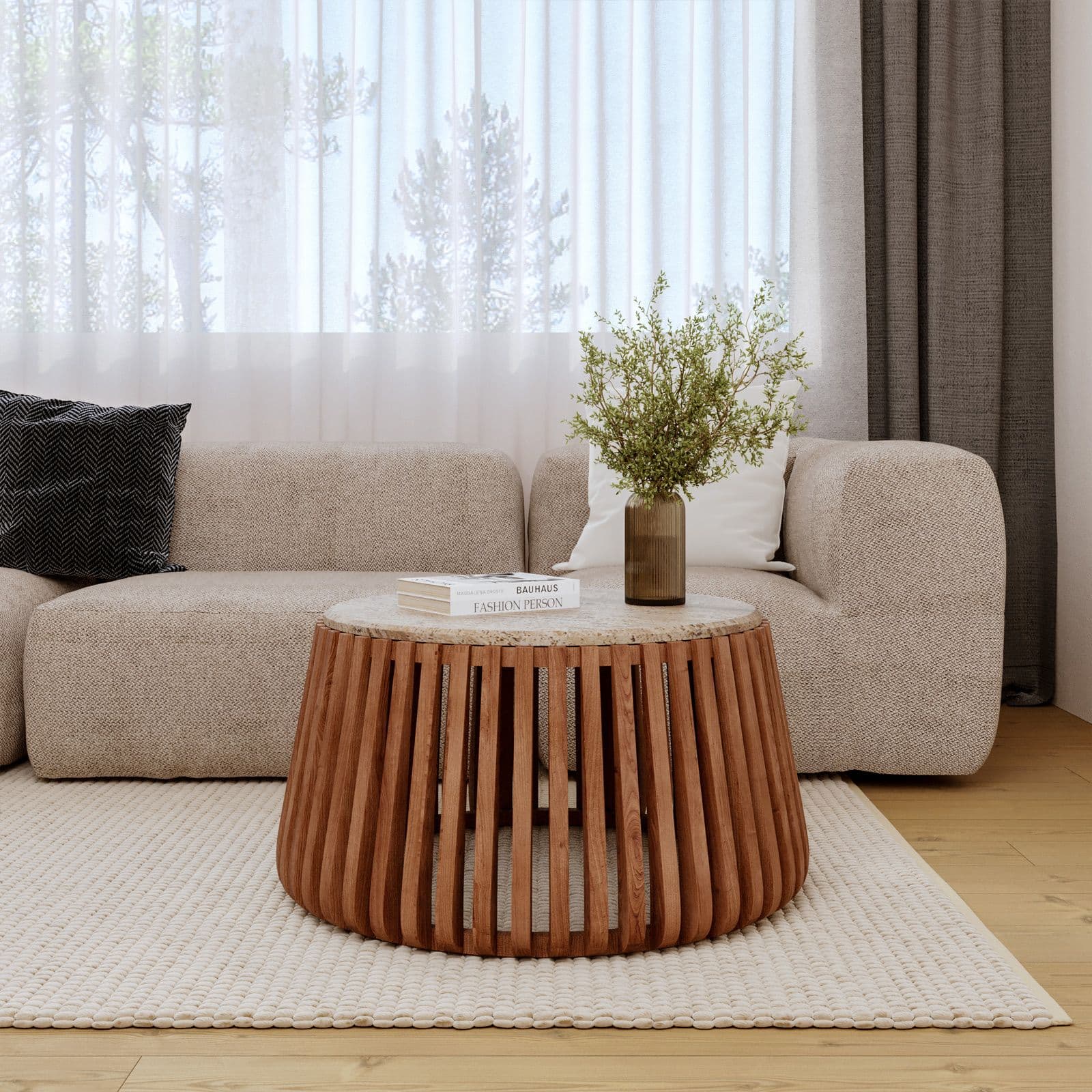 Tavolino rotondo 78 cm in legno di acacia naturale con piano in travertino - Karan