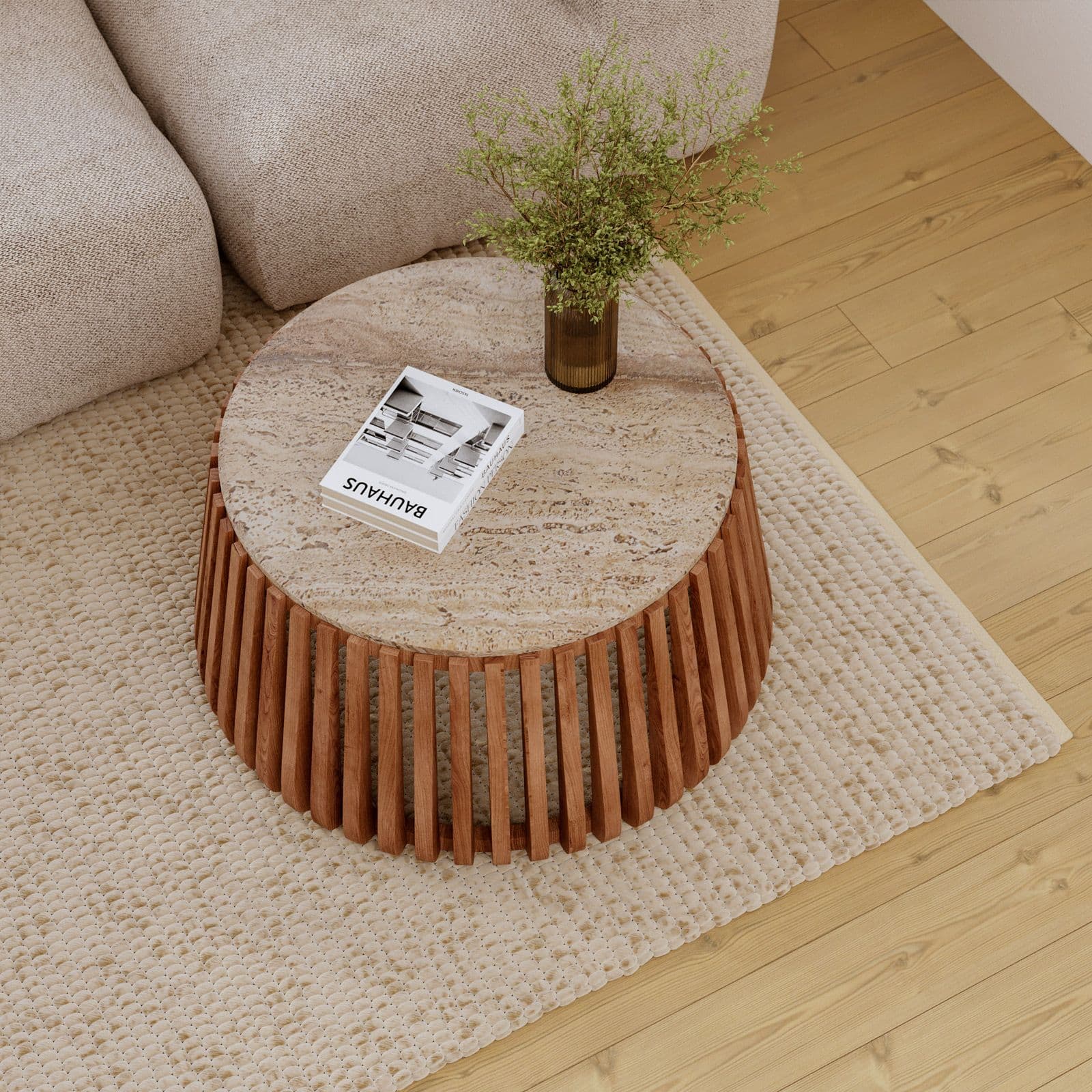 Tavolino rotondo 78 cm in legno di acacia naturale con piano in travertino - Karan