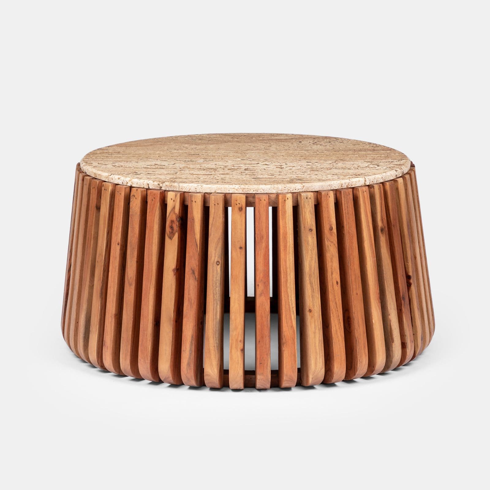 Tavolino rotondo 78 cm in legno di acacia naturale con piano in travertino - Karan