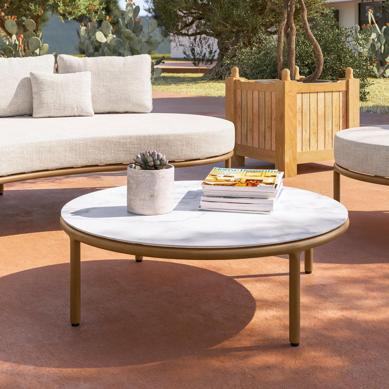 Tavolino rotondo 85 cm in alluminio effetto legno e top effetto marmo bianco - Keanu
