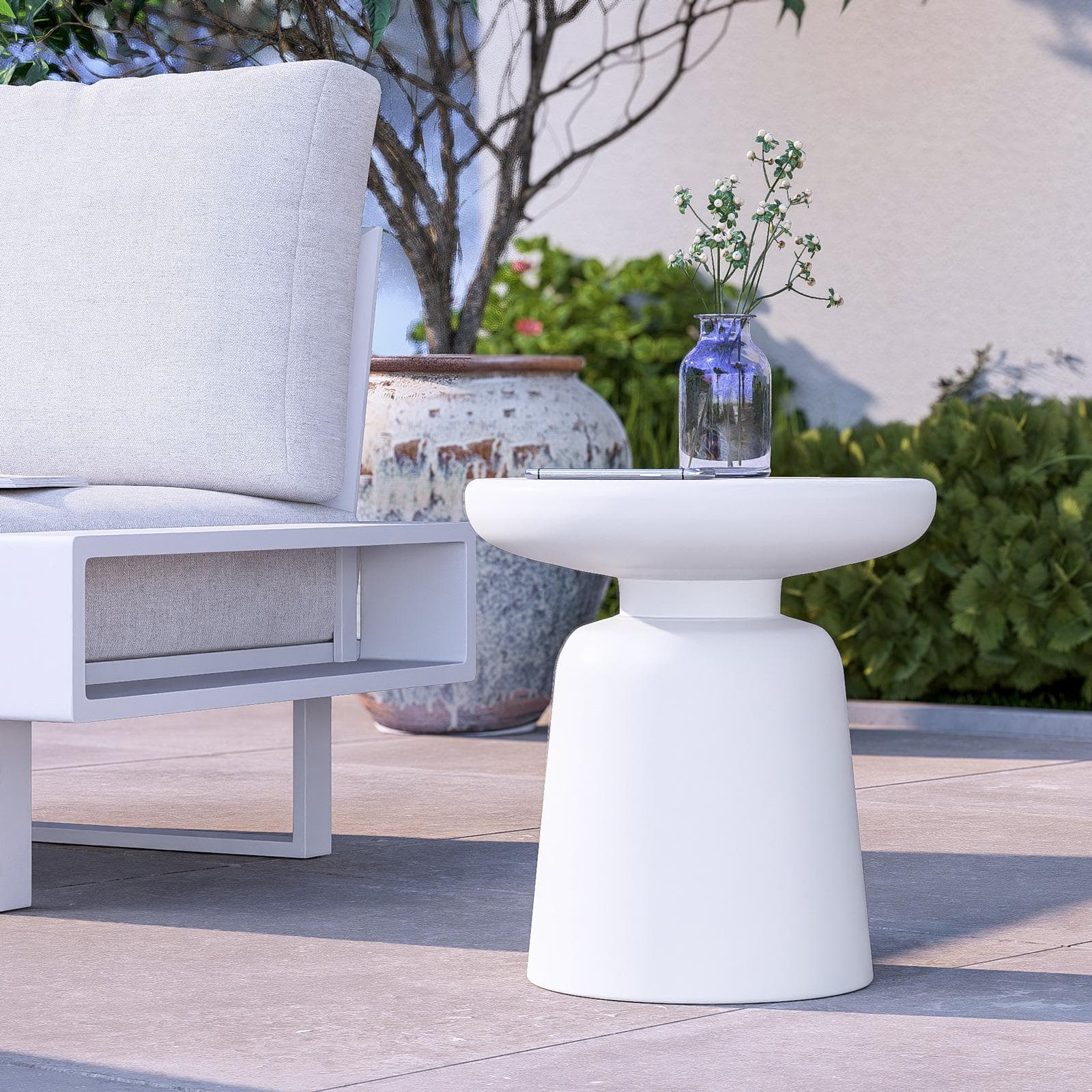 Tavolino rotondo da esterno 38 cm multiuso in polietilene bianco - Fungho