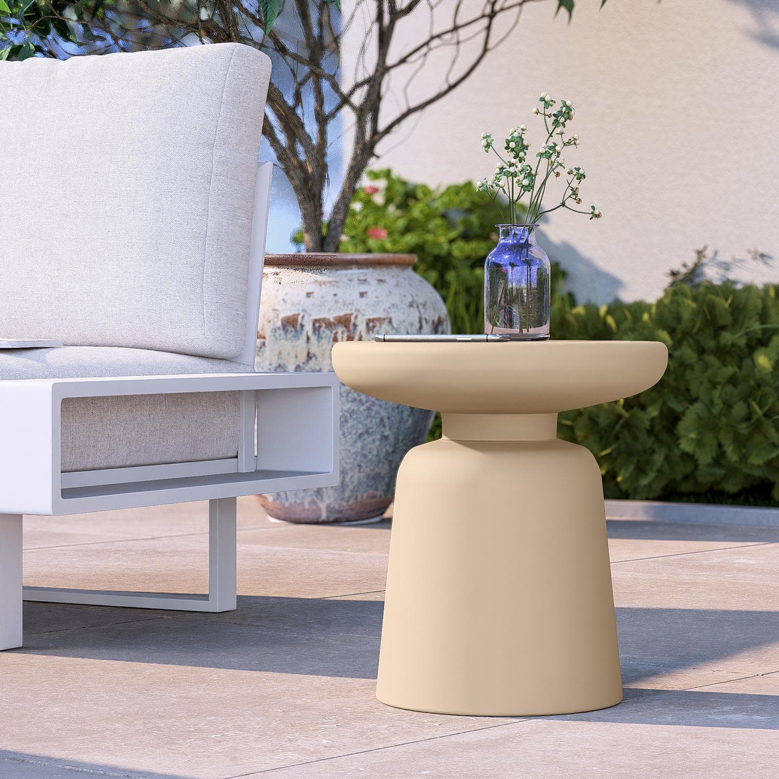 Tavolino rotondo da esterno 38 cm multiuso in polietilene crema - Fungho
