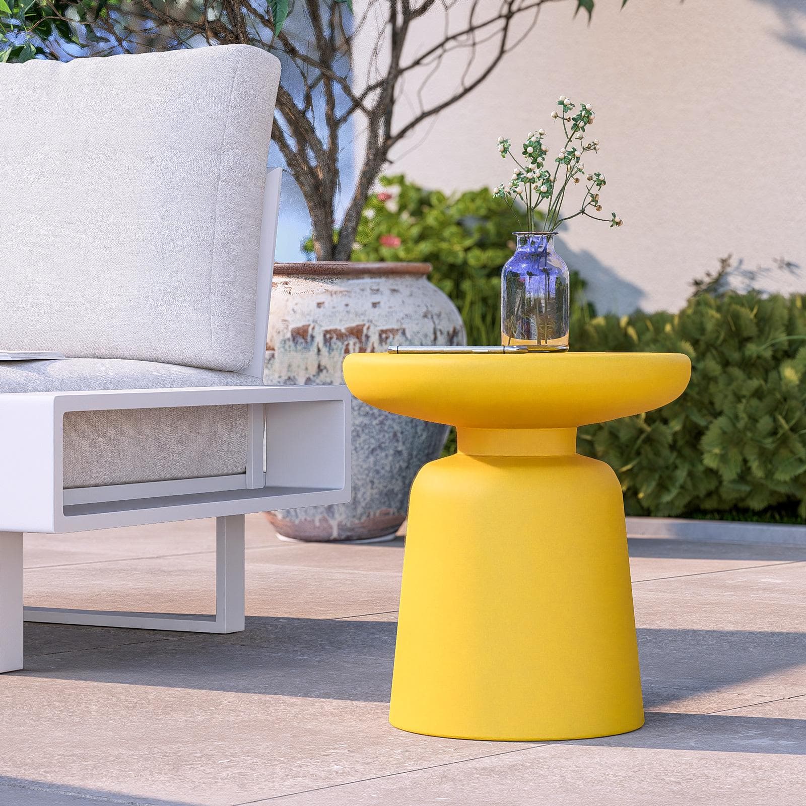 Tavolino rotondo da esterno 38 cm multiuso in polietilene giallo - Fungho