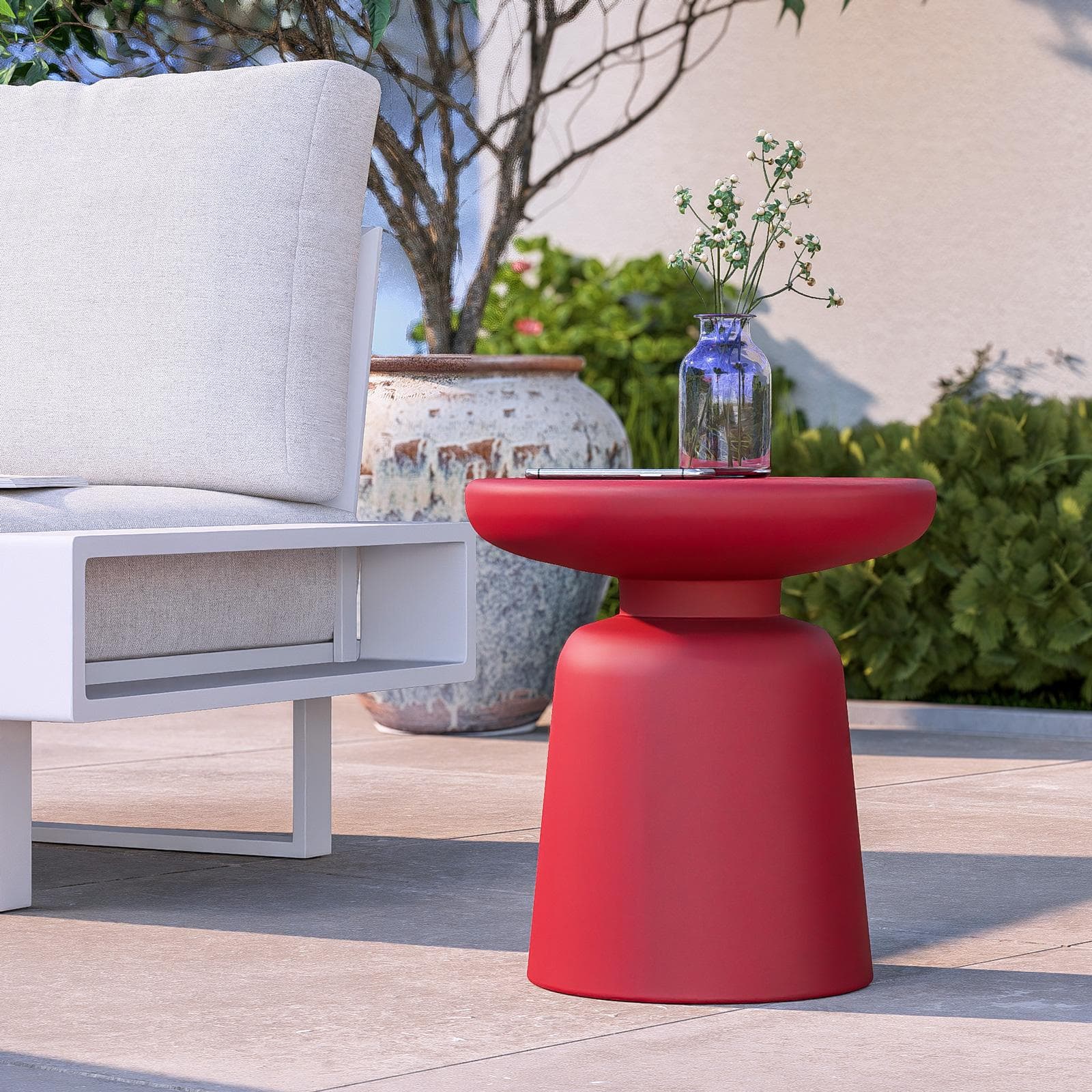 Tavolino rotondo da esterno 38 cm multiuso in polietilene rosso fragola - Fungho