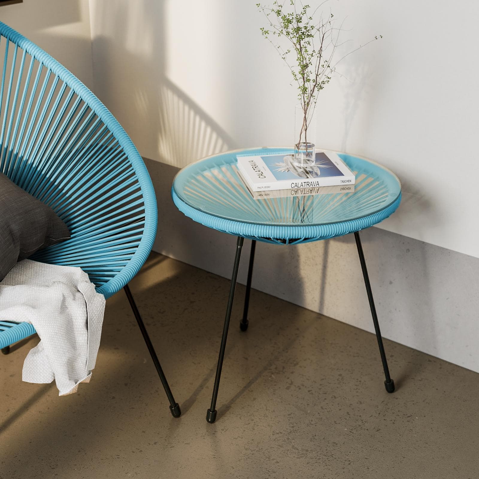 Tavolino rotondo da interno 50 cm in corda azzurro e piano in vetro - Kalimba