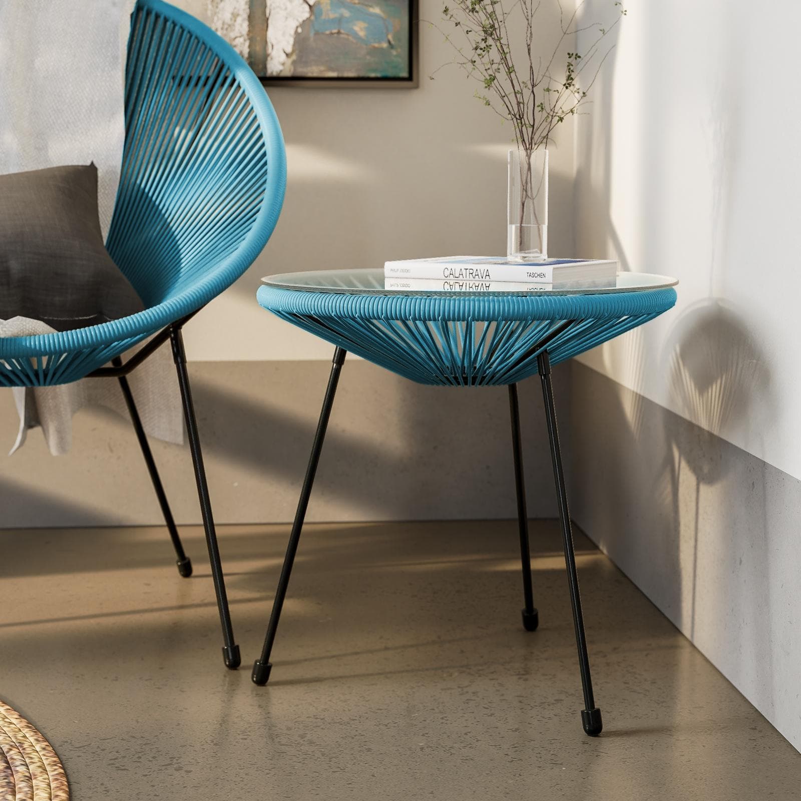 Tavolino rotondo da interno 50 cm in corda azzurro e piano in vetro - Kalimba