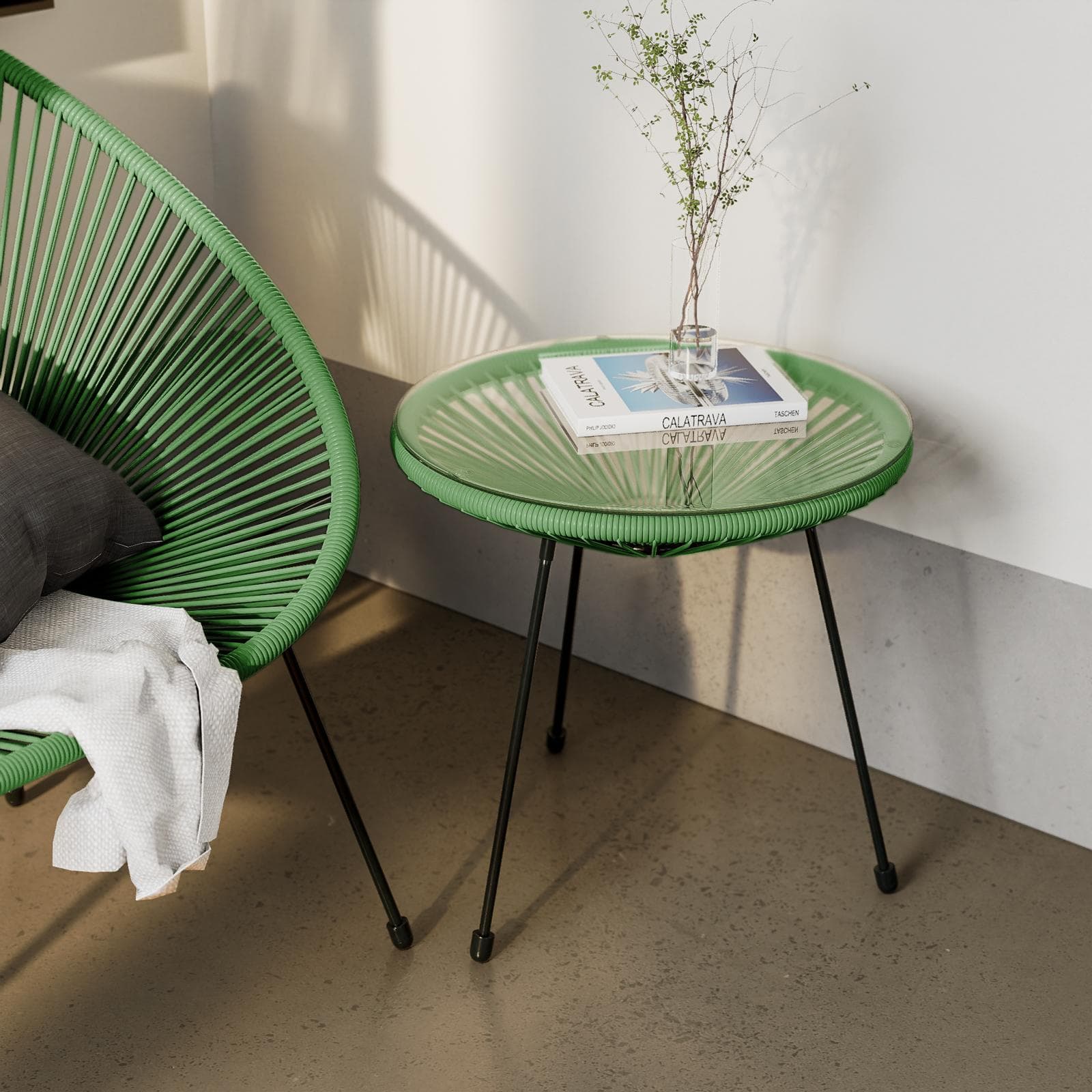 Tavolino rotondo da interno 50 cm in corda verde e piano in vetro - Kalimba