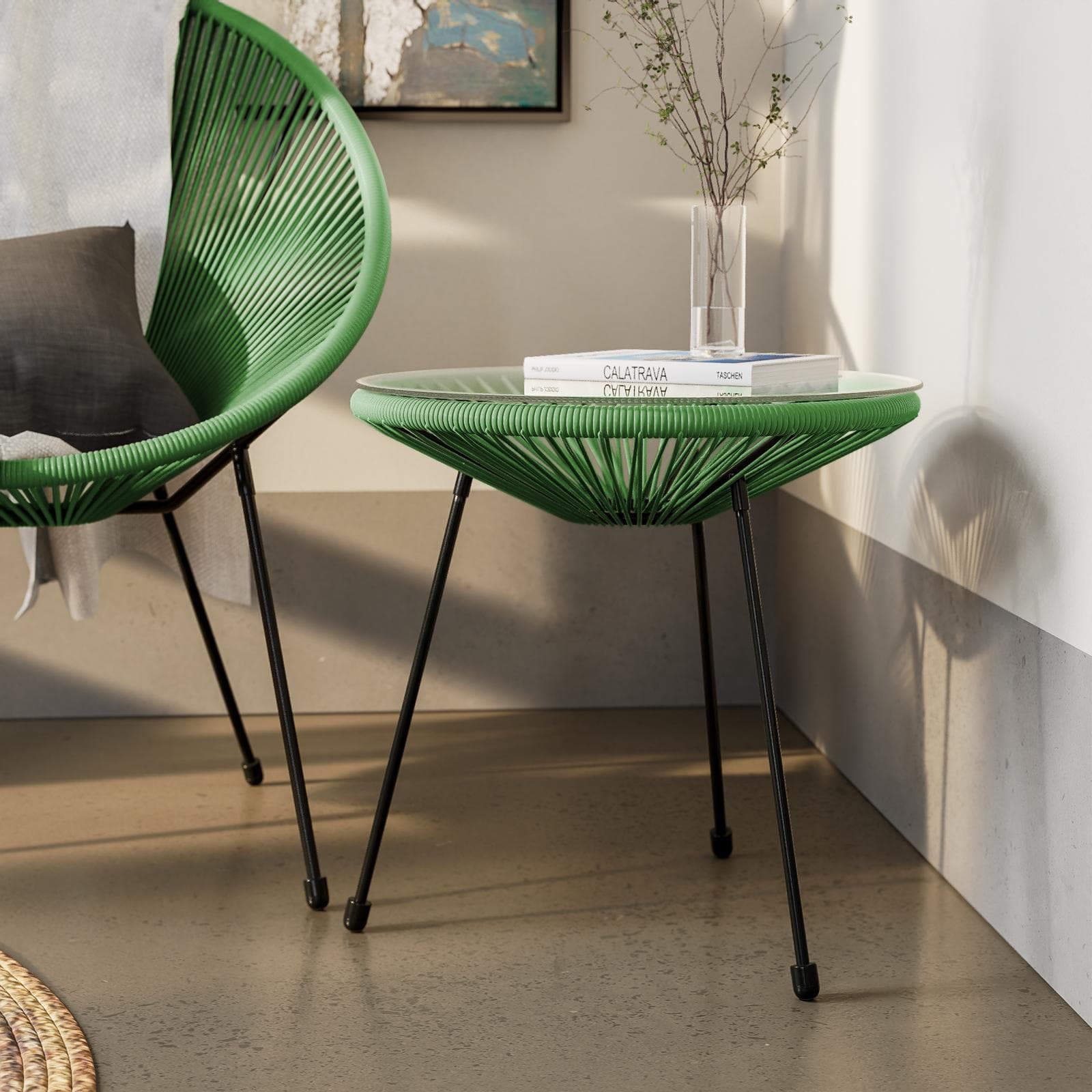 Tavolino rotondo da interno 50 cm in corda verde e piano in vetro - Kalimba