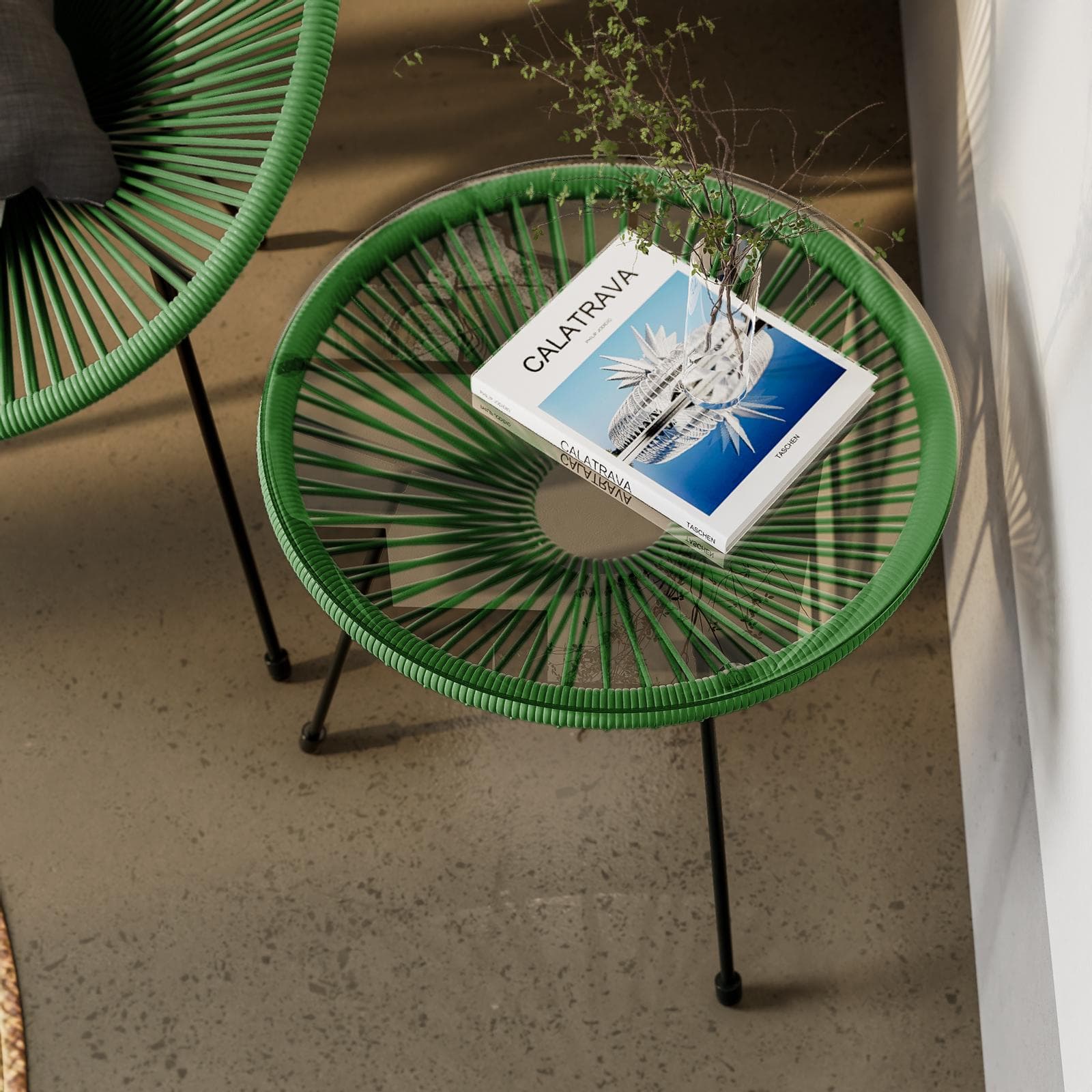 Tavolino rotondo da interno 50 cm in corda verde e piano in vetro - Kalimba