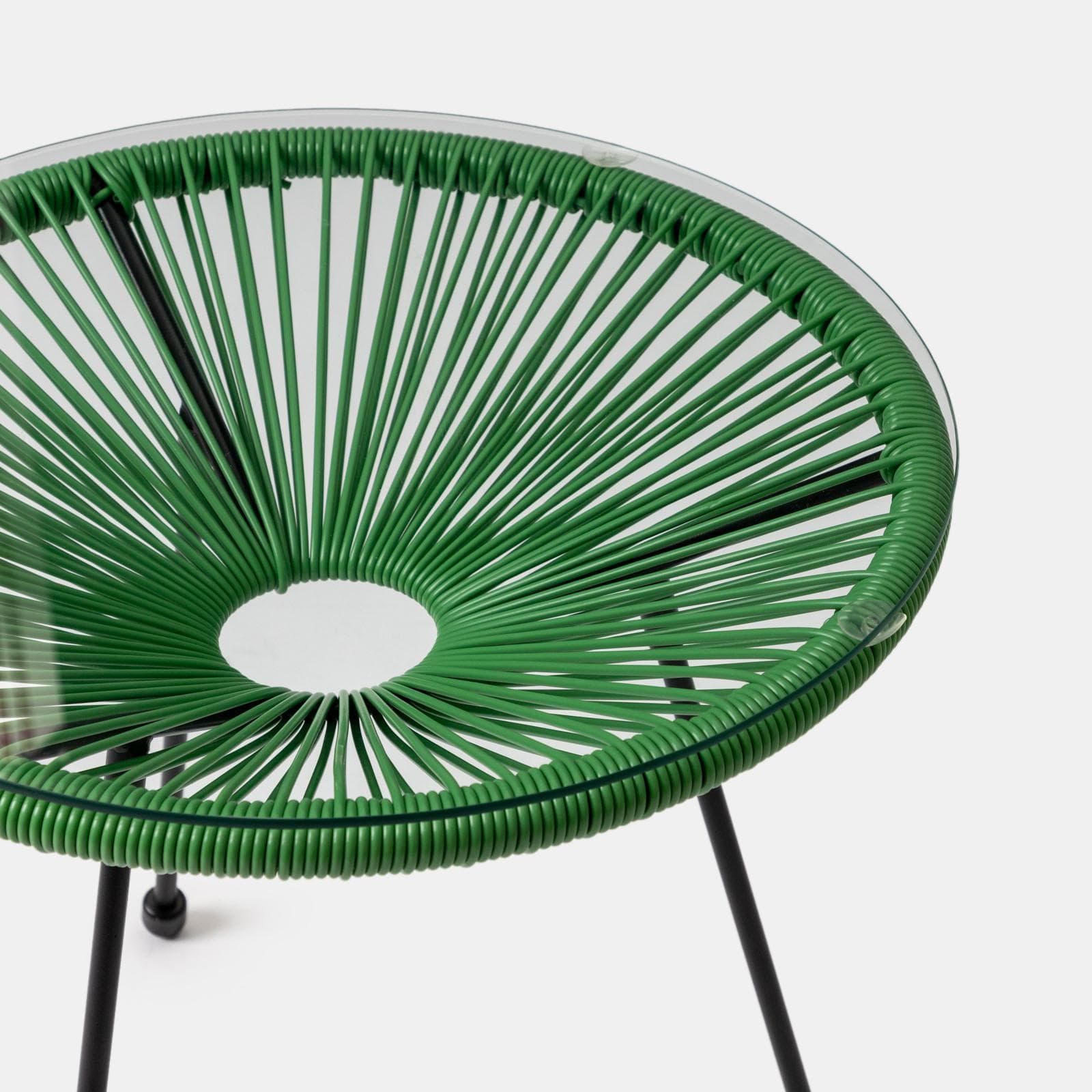 Tavolino rotondo da interno 50 cm in corda verde e piano in vetro - Kalimba