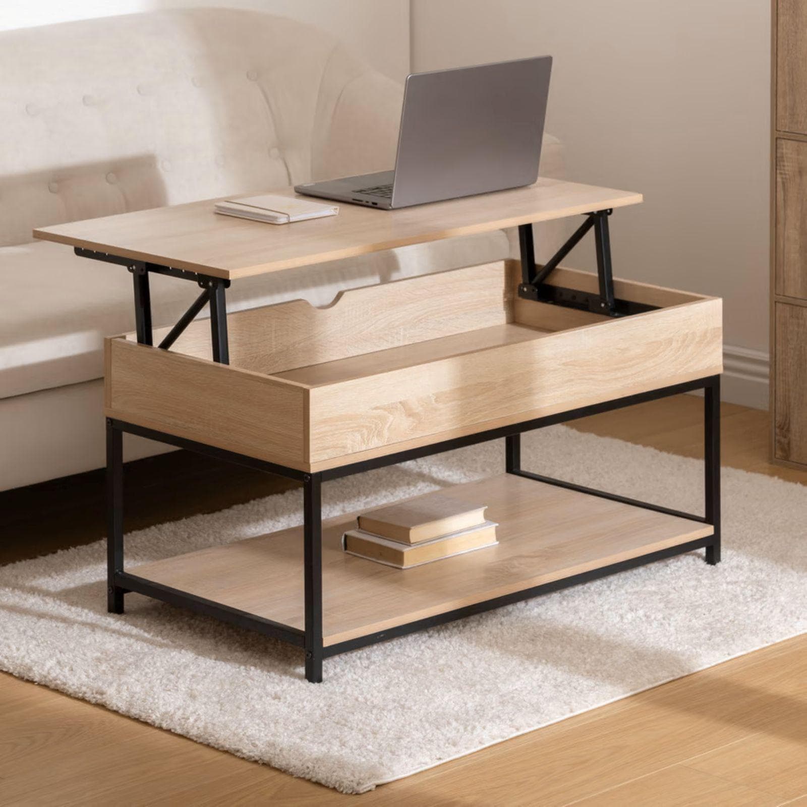 Tavolino contenitore sollevabile 95x51h cm effetto rovere e acciaio nero - Emyl