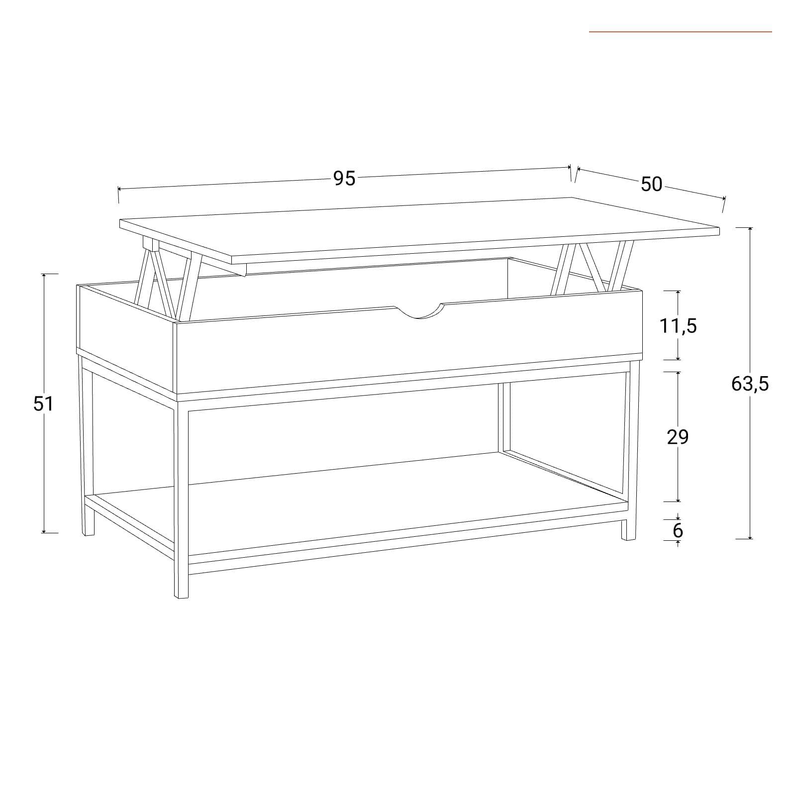Tavolino contenitore sollevabile 95x51h cm effetto rovere e acciaio nero - Emyl